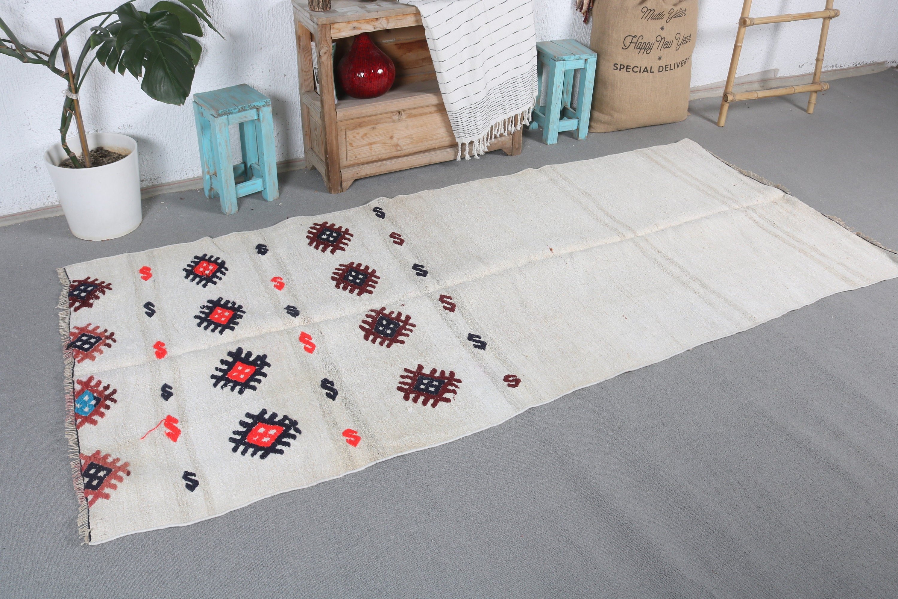 Bedroom Rugs, Moroccan Rug, Turkish Rugs, 3.6x8.2 ft Area Rug, Indoor Rugs, Nursery Rug, Vintage Rug, White Cool Rug, Rugs for Living Room