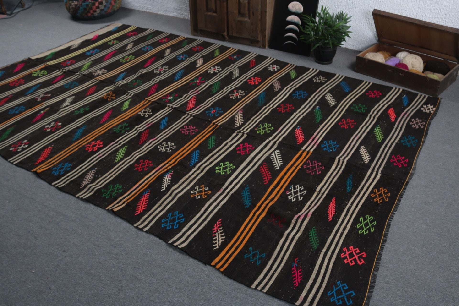 Turkish Rug, Wool Rug, Black Moroccan Rug, 7.4x11.8 ft Oversize Rugs, Kilim, Vintage Rugs, Living Room Rugs, Turkey Rugs