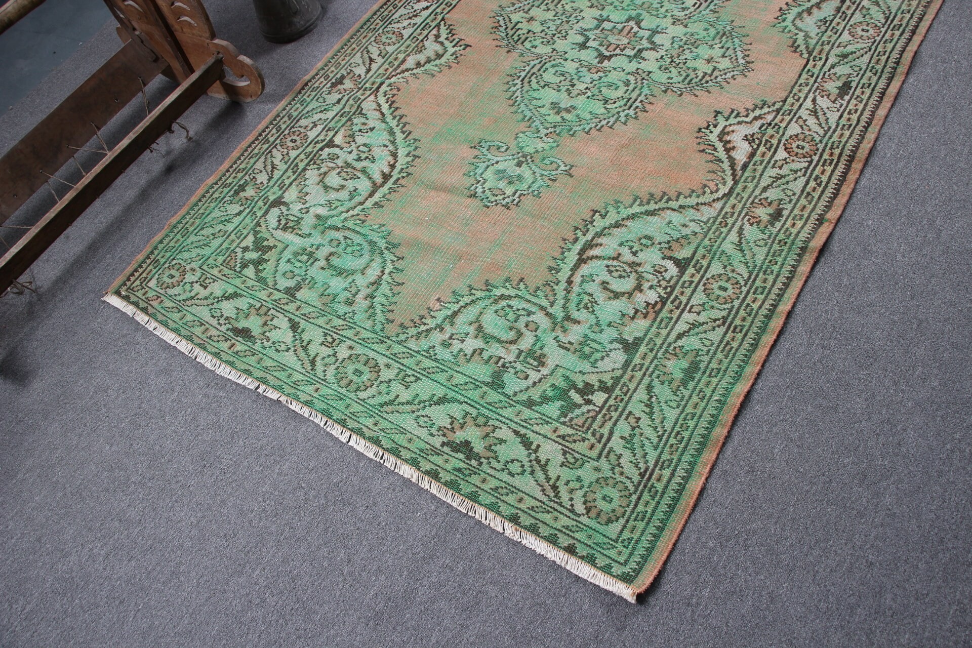 Yeşil Oushak Halı, 4.7x7.8 ft Alan Halıları, İç Mekan Halıları, Vintage Halılar, Düz Dokuma Halı, İç Mekan Halıları, Türk Halısı, Antika Halı, Anadolu Halısı