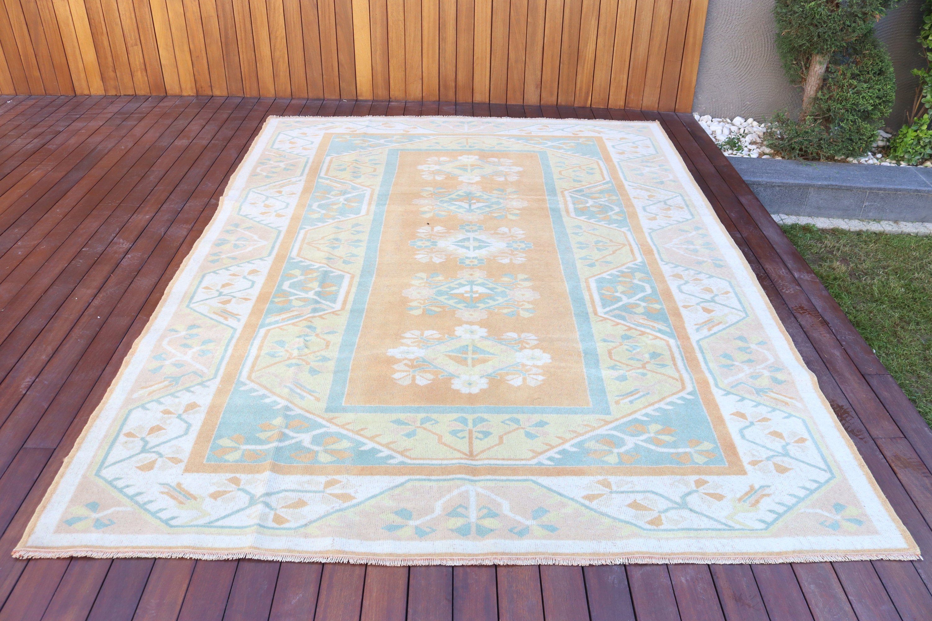 Yemek Odası Halısı, Vintage Halılar, Boho Halı, Büyük Vintage Halı, 6.6x9.4 ft Büyük Halılar, Turuncu Fas Halısı, Türk Halısı, Düz Dokuma Halılar