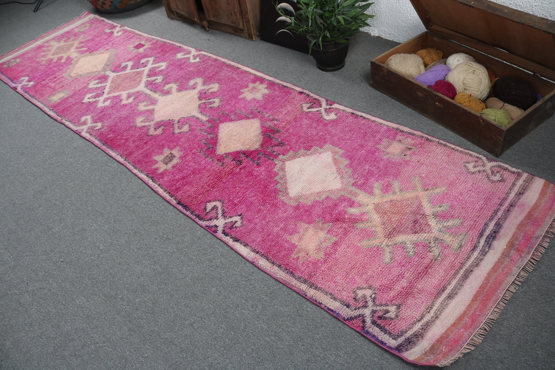 Boho Halılar, Lüks Halılar, Vintage Halılar, Türk Halıları, 2,9x11,6 ft Koşucu Halısı, Geometrik Halı, Pembe Geometrik Halılar, Merdiven Halısı, Uzun Yolluk Halıları