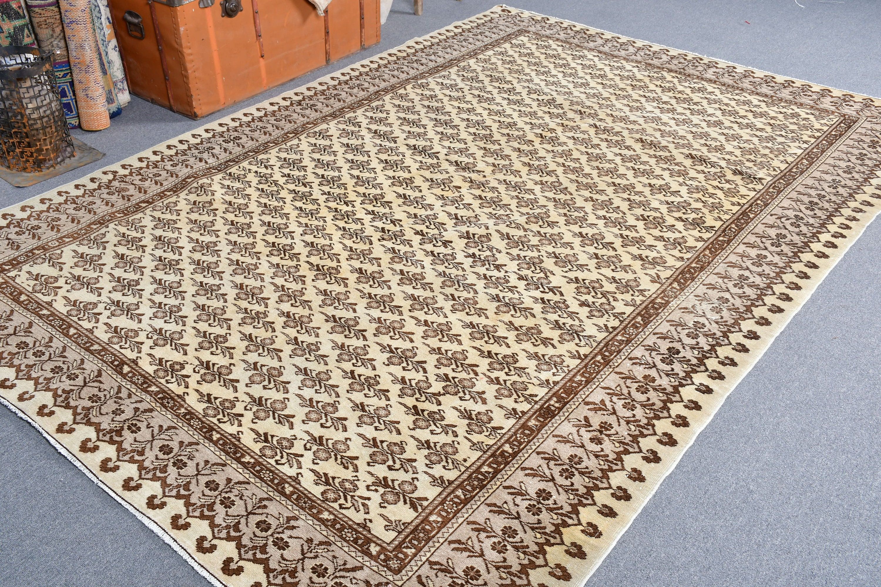 Brown  6.4x9.5 ft Large Rug, Salon Rug, Turkish Rugs, Wool Rugs, Ethnic Rug, Vintage Rug, Kitchen Rug, Living Room Rug