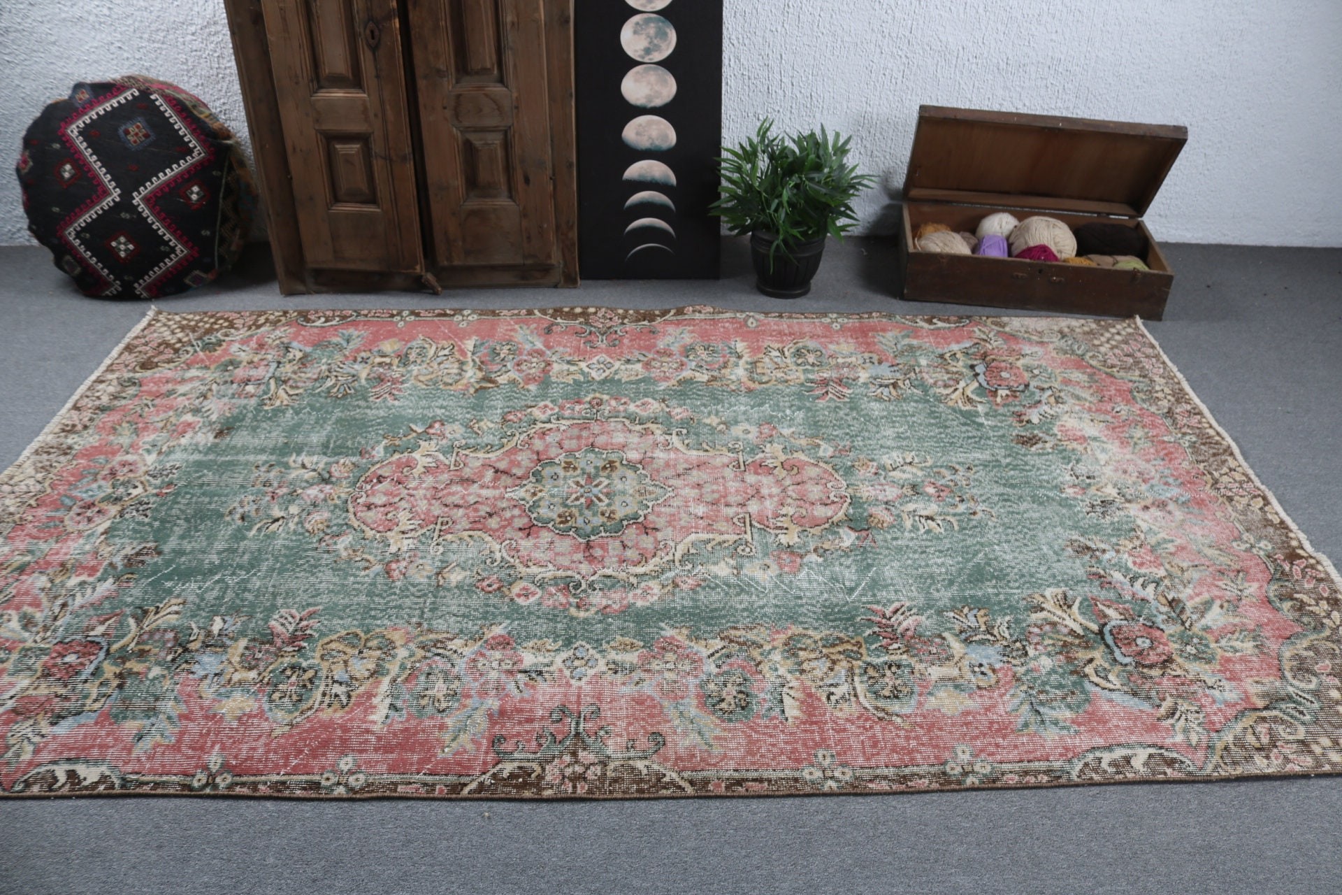 Yatak Odası Halıları, Pembe Geometrik Halılar, Geometrik Halı, Vintage Halı, 5.2x9 ft Büyük Halılar, Türk Halısı, Ev Dekorasyonu Halıları, Büyük Oushak Halısı