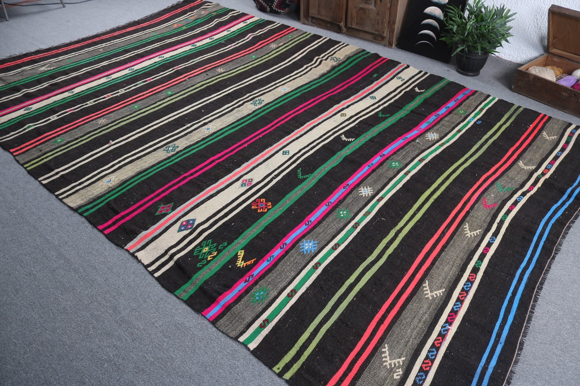 Yatak Odası Halısı, Salon Halıları, 7.3x12 ft Büyük Boy Halı, Vintage Halı, Kilim, Siyah Antika Halı, Büyük Boy Türk Halısı, Oryantal Halı, Türk Halıları