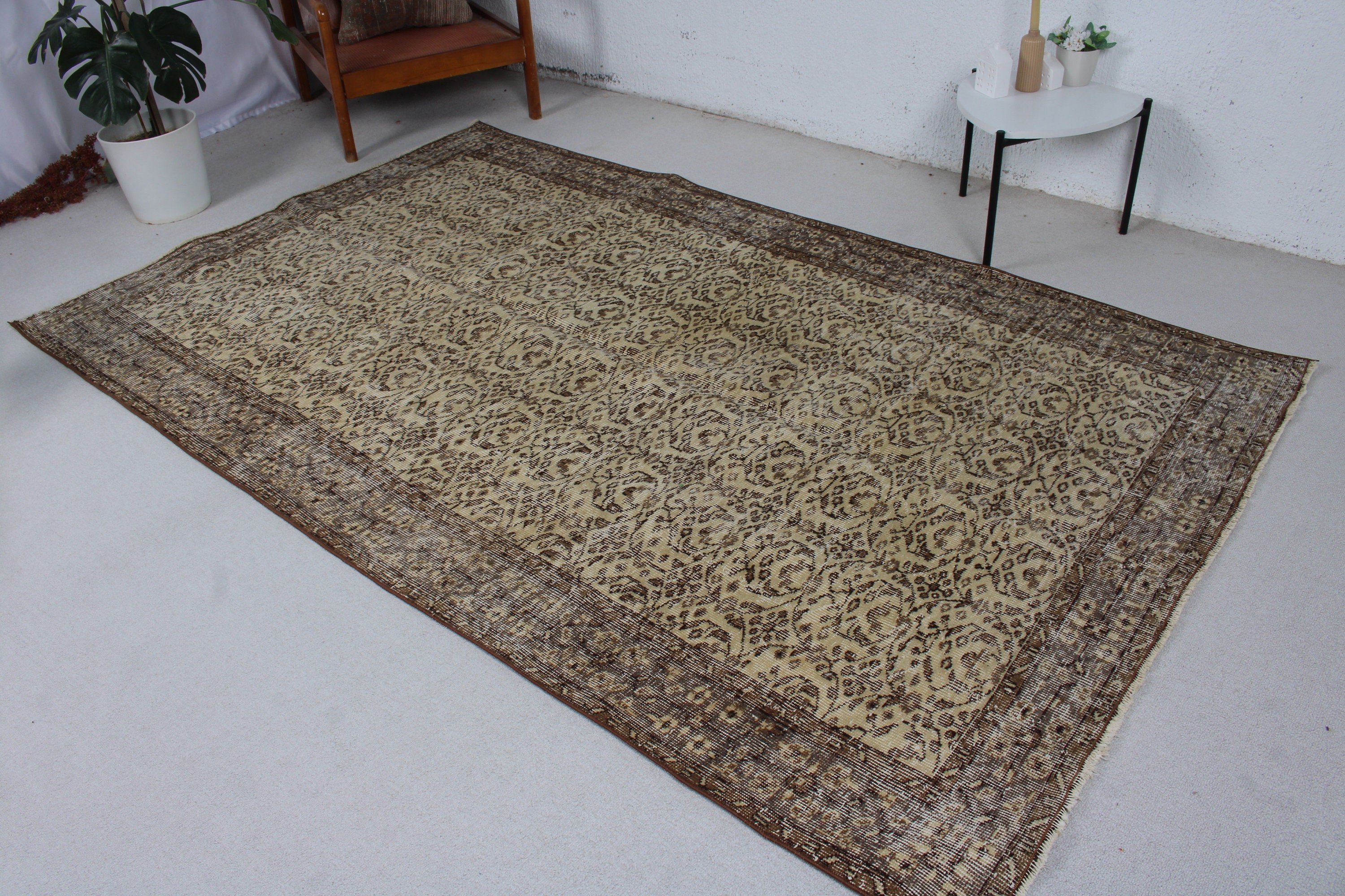 Bej Düz Dokuma Halı, 5.2x8.5 ft Büyük Halı, Büyük Oushak Halıları, Yer Halıları, Yemek Odası Halıları, Türk Halısı, El Dokuma Halı, Vintage Halılar