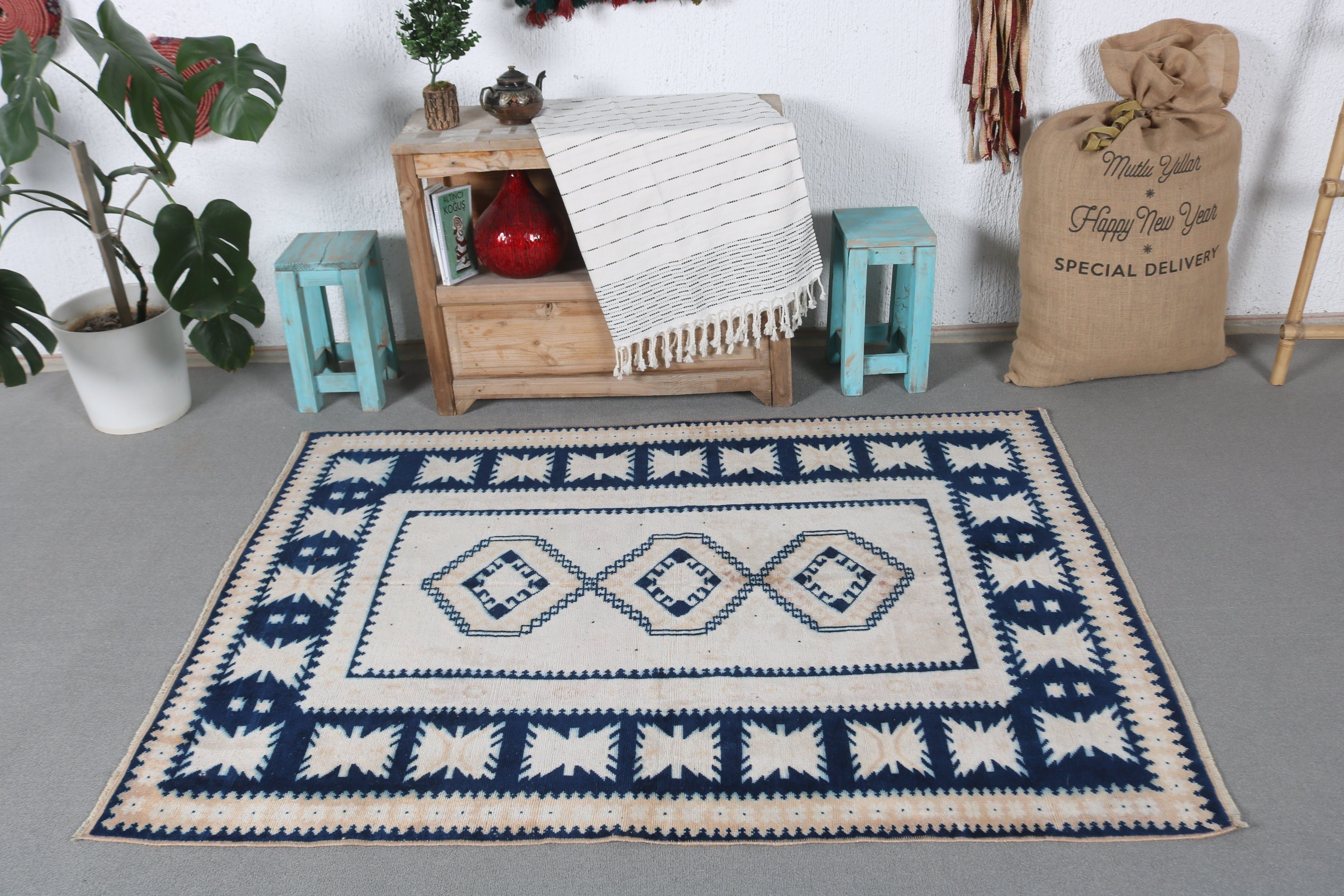 Turkish Rug, Vintage Rugs, Rugs for Entry, Entry Rug, Blue  3.8x5.4 ft Accent Rugs, Wool Rugs, Nursery Rug