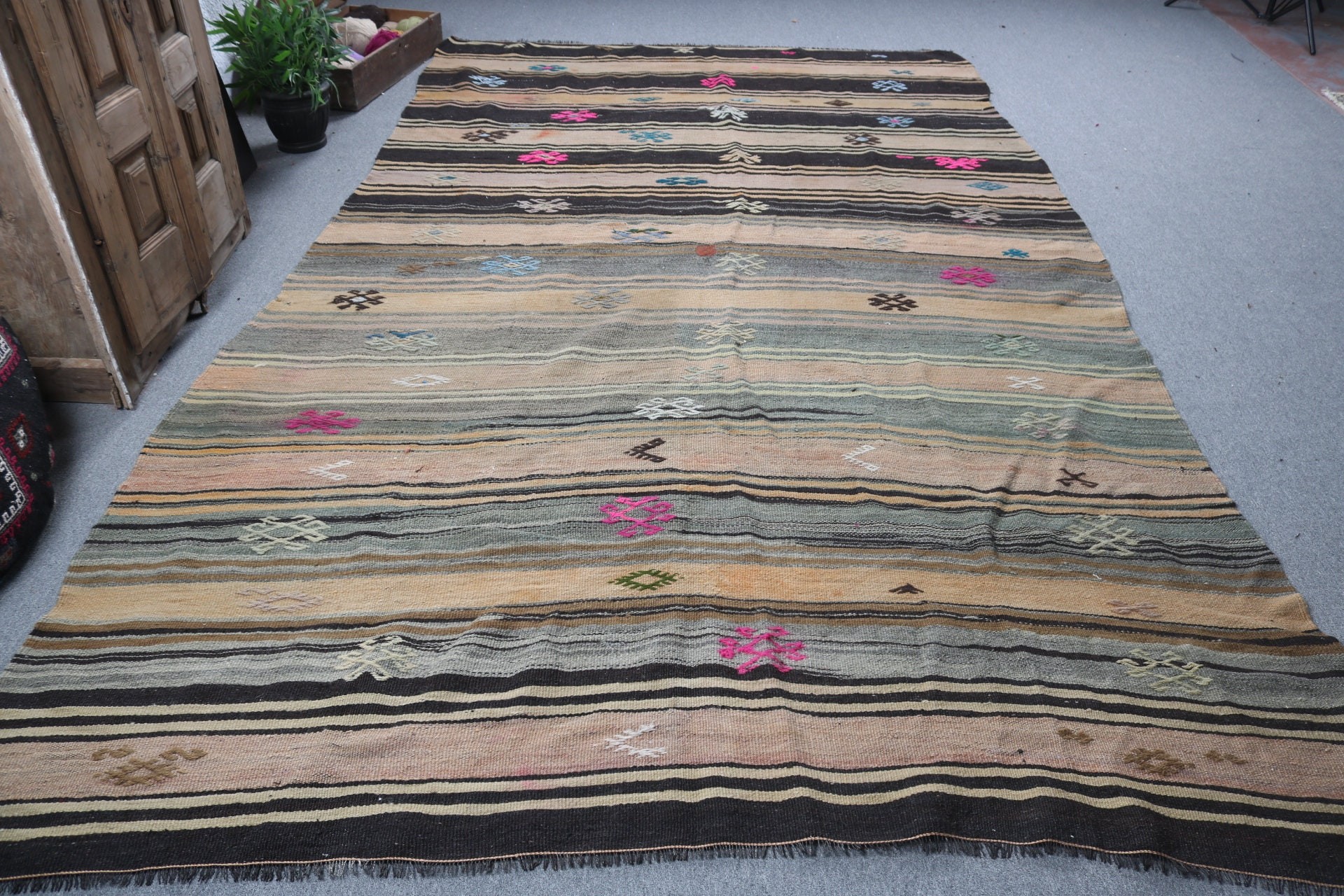 Açıklama Halıları, Kilim, 7.3x11.7 ft Büyük Boy Halılar, Türk Halıları, Bej Anadolu Halıları, Salon Halısı, Bohem Halısı, Vintage Halı, Anadolu Halıları