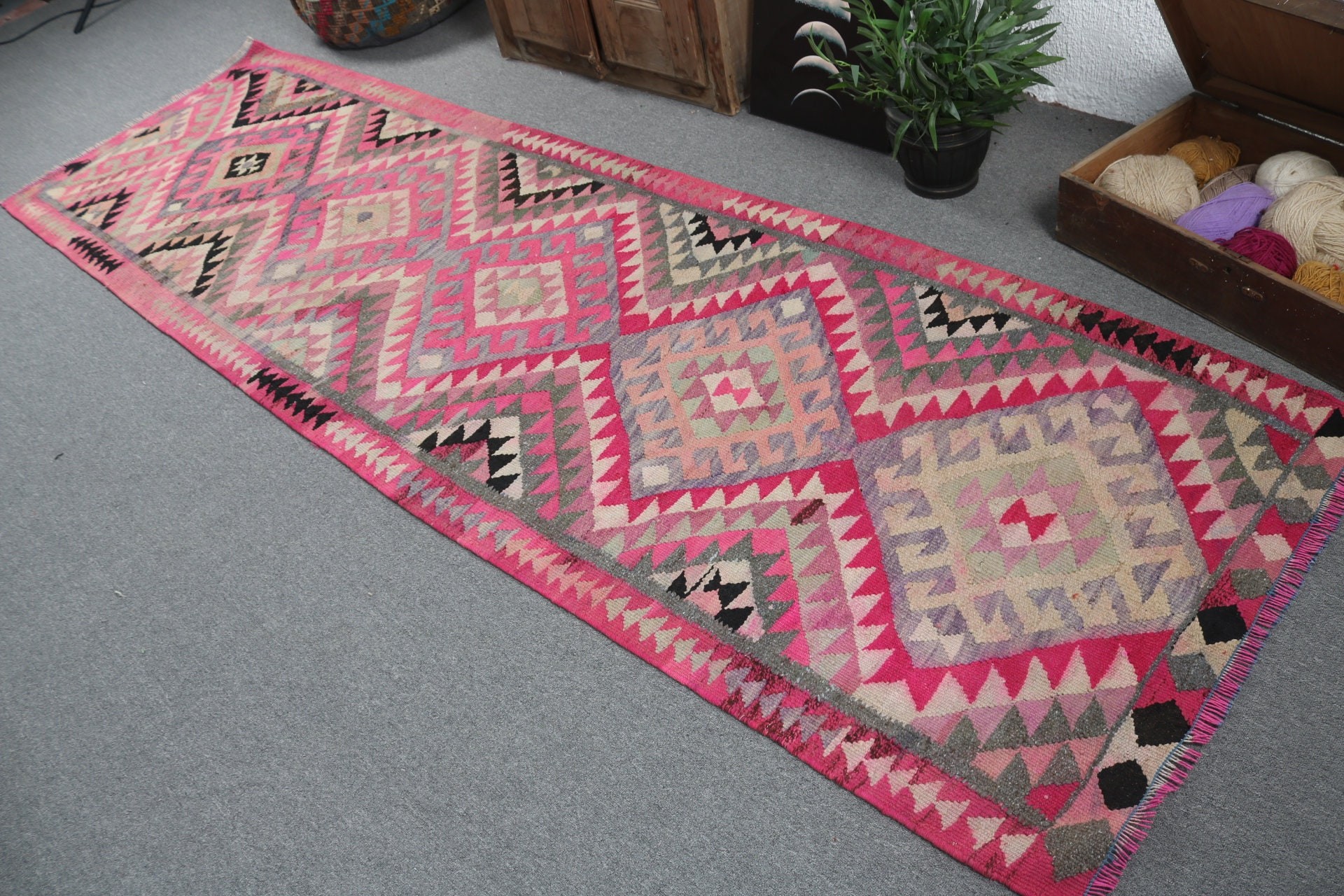 Handwoven Rug, Geometric Rug, 3.2x10.9 ft Runner Rug, Turkish Rug, Beni Ourain Runner Rugs, Pink Bedroom Rug, Vintage Rugs, Stair Rug