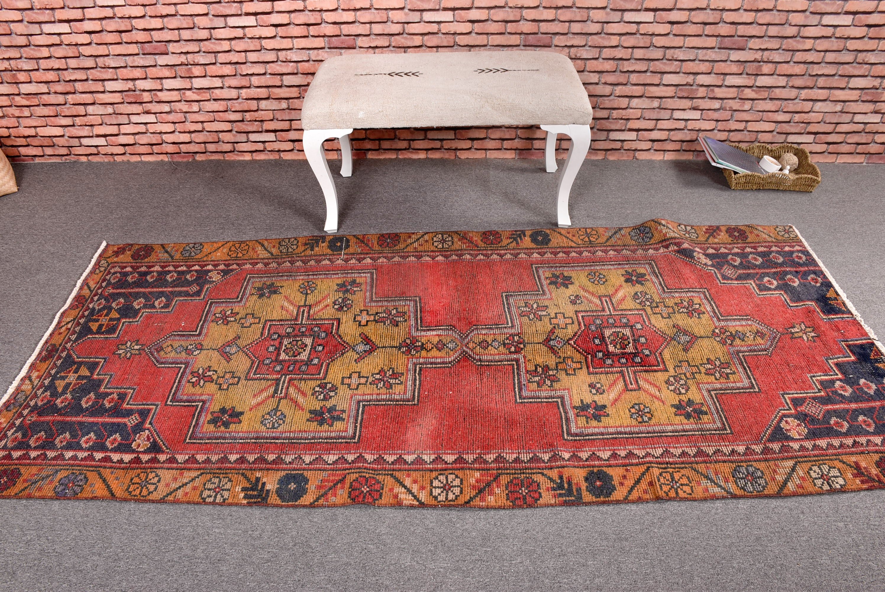 Neutral Rug, 3.6x8.1 ft Area Rugs, Boho Area Rugs, Turkish Rugs, Floor Rug, Rugs for Dining Room, Oriental Rug, Red Boho Rugs, Vintage Rugs