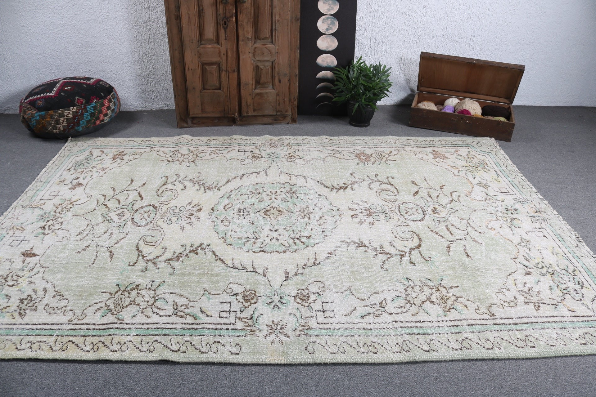 Yeşil Lüks Halılar, Vintage Halılar, Lüks Halı, Türk Halıları, Yatak Odası Halısı, Oturma Odası Halıları, Geometrik Halılar, 6.3x9.6 ft Büyük Halılar, Aztek Halısı