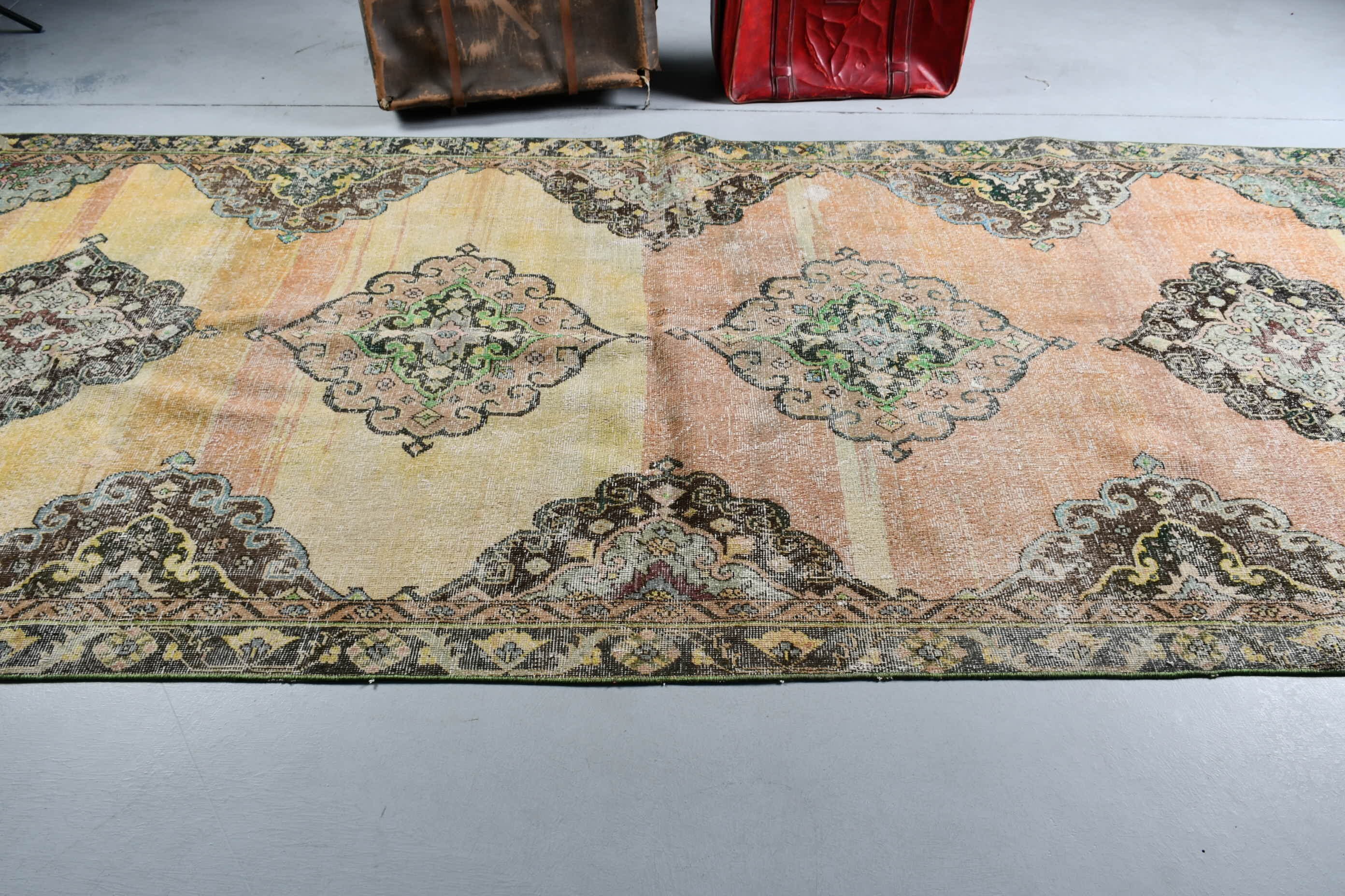 Abstract Rugs, Vintage Rug, 5.2x12.1 ft Large Rug, Living Room Rug, Bedroom Rug, Turkish Rug, Yellow Wool Rug, Antique Rug, Anatolian Rug