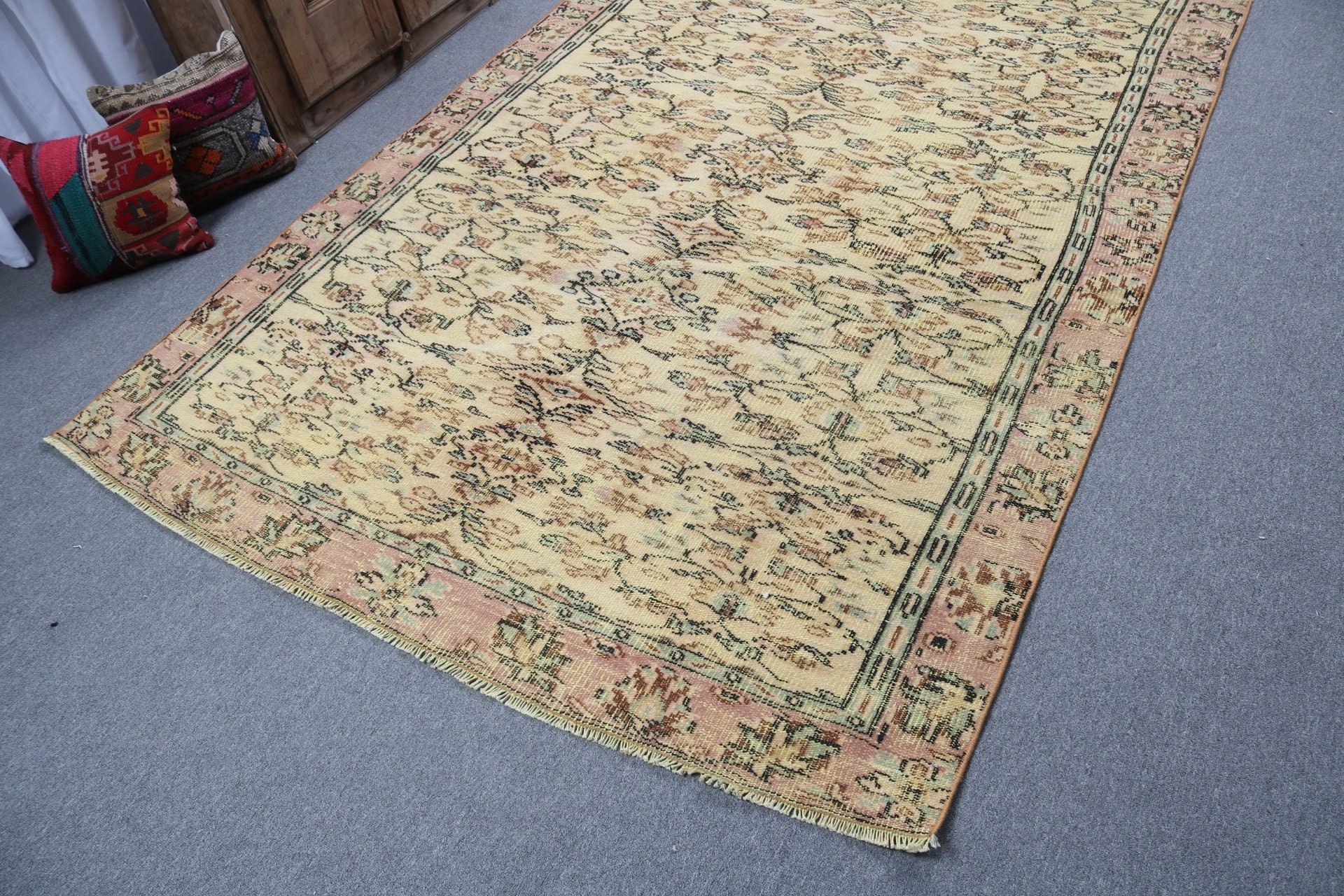 Büyük Vintage Halı, Egzotik Halı, Oturma Odası Halıları, 5.4x8.9 ft Büyük Halılar, Yün Halı, Sarı Boho Halı, Havalı Halılar, Türk Halısı, Vintage Halılar