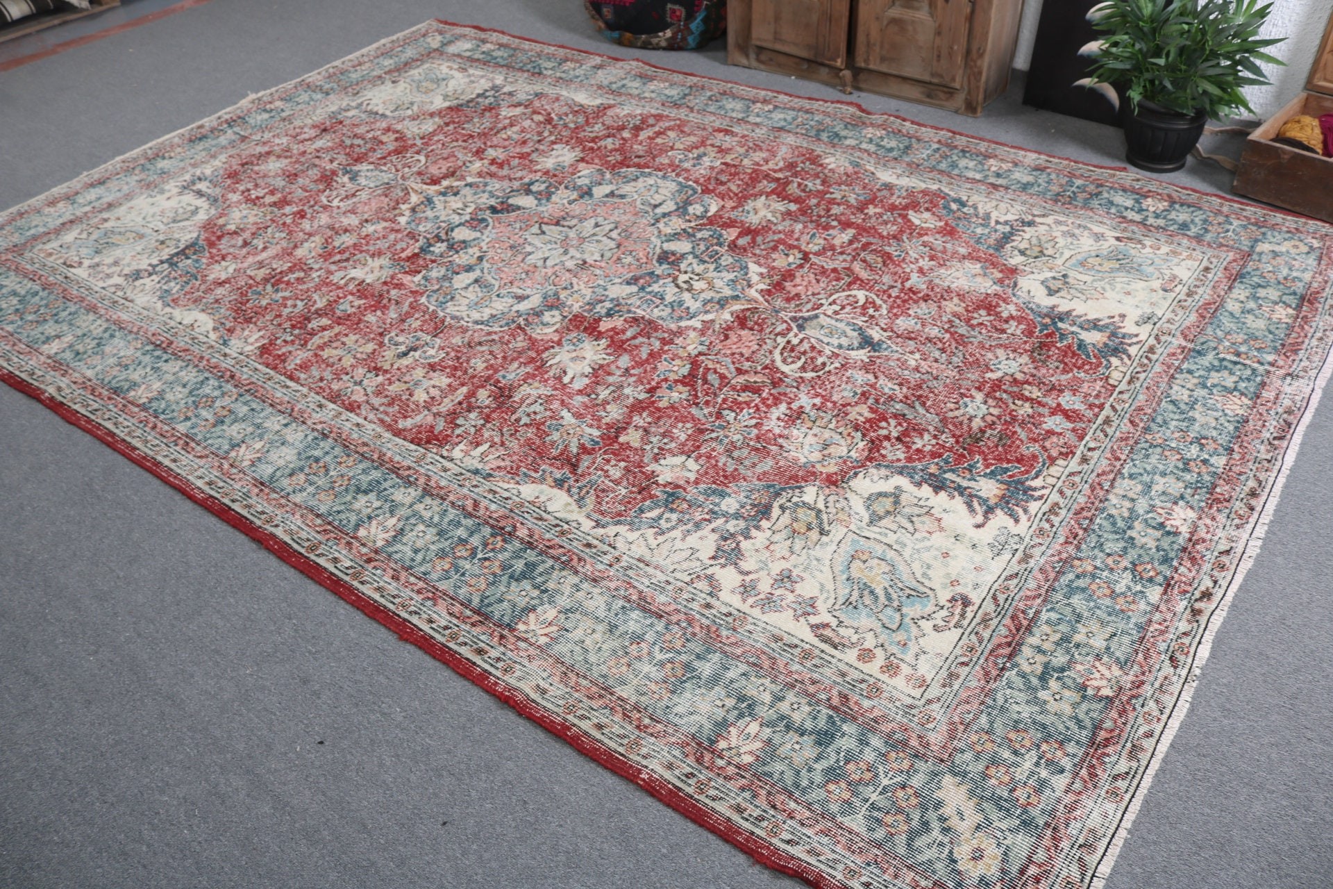 Türk Halıları, Kırmızı Açıklama Kilim, El Dokuma Halı, Vintage Halılar, Düz Dokuma Halılar, 7.1x10.4 ft Büyük Boy Halılar, Büyük Boy Vintage Halı