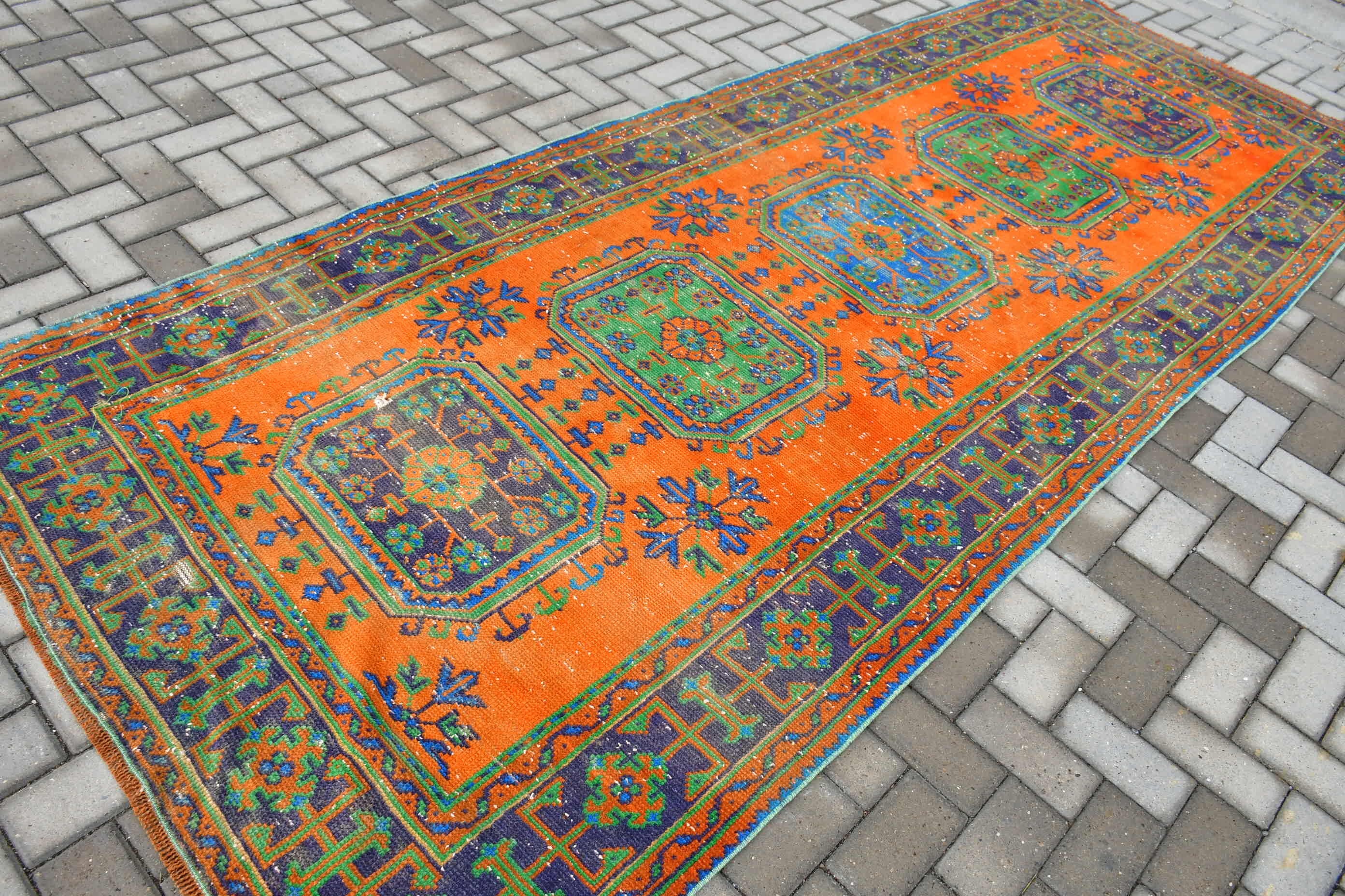 Turuncu Mutfak Halısı, Antika Halı, Vintage Halı, 4.6x11.5 ft Runner Halısı, Türk Halısı, Merdiven Halısı, Koridor Halıları, Parlak Halılar, Fas Halıları