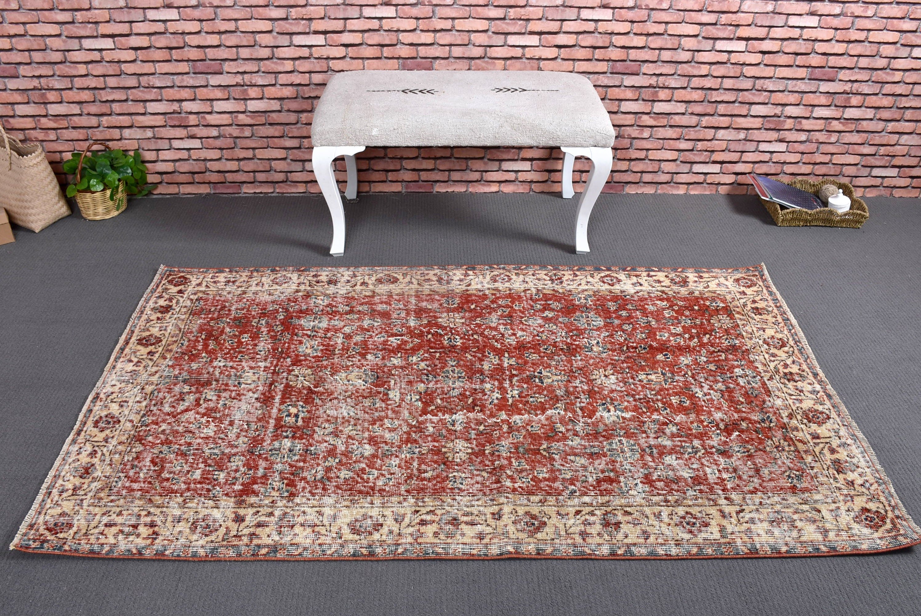 Mutfak Halısı, Vintage Halılar, Geometrik Halı, Türk Halısı, Boho Vurgulu Halı, Kırmızı 3,7x6,4 ft Vurgulu Halılar, Nötr Halı, Ofis Halısı