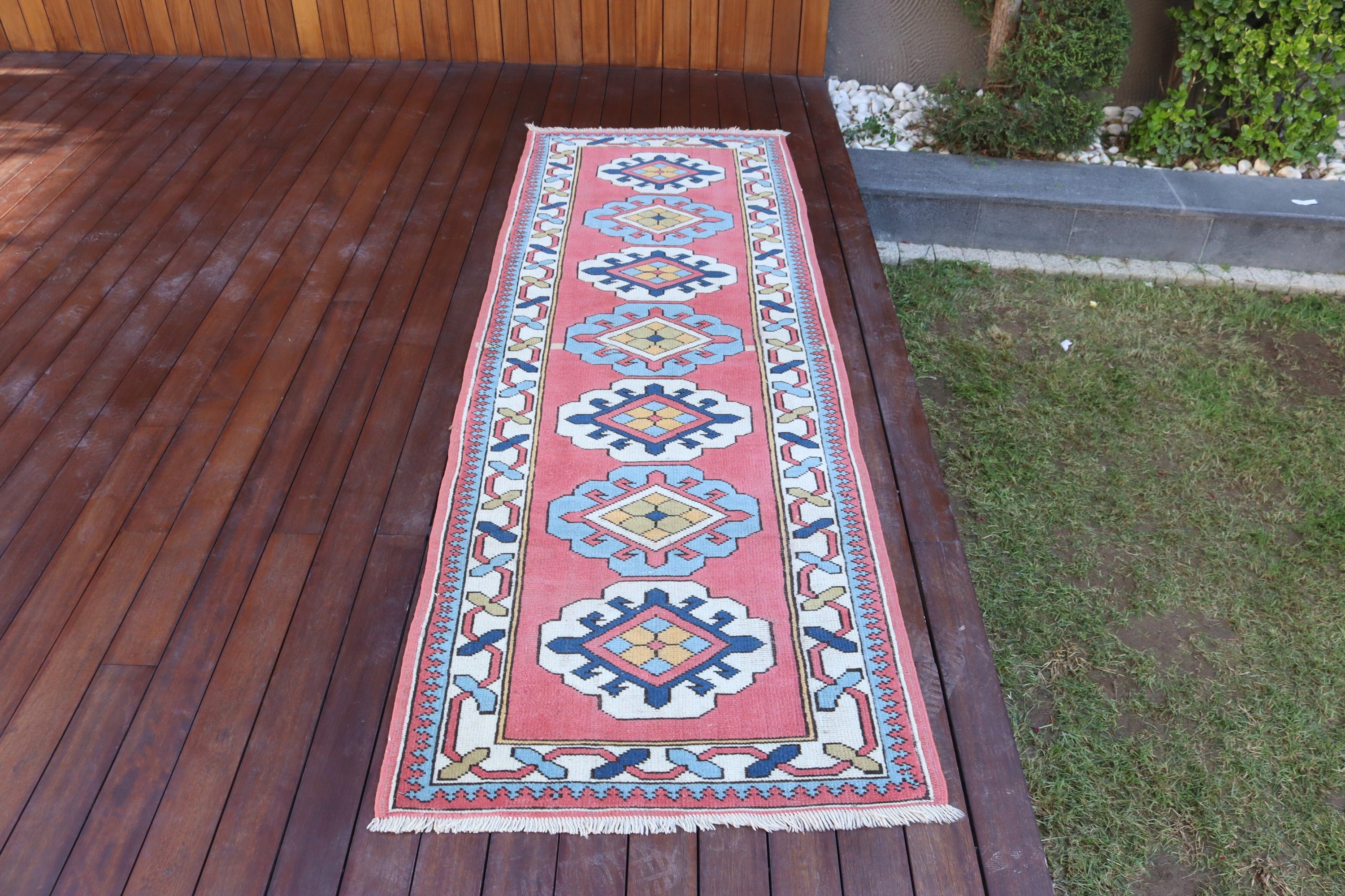 Vintage Runner Halıları, Vintage Halılar, Türk Halıları, Koridor Halıları, Pembe Geometrik Halılar, Fas Halısı, 2.6x7.7 ft Runner Halıları