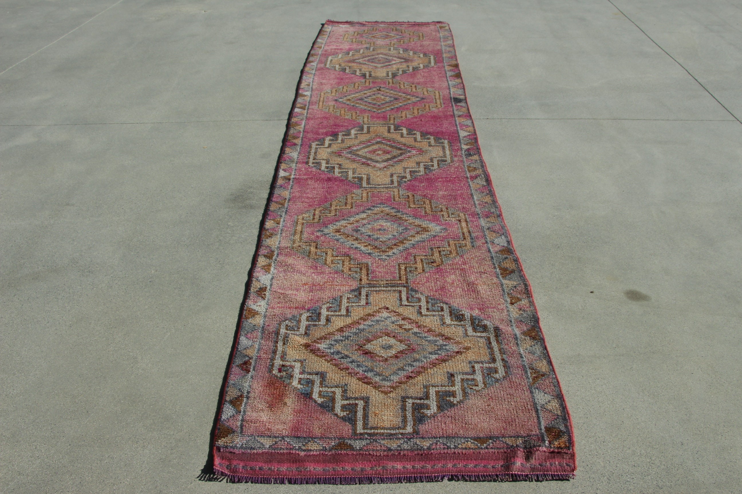 Pembe Geometrik Halılar, Vintage Halı, Koridor Halısı, Türk Halısı, 2.9x12.7 ft Runner Halısı, Düz Dokuma Halısı, Uzun Yolluk Halıları