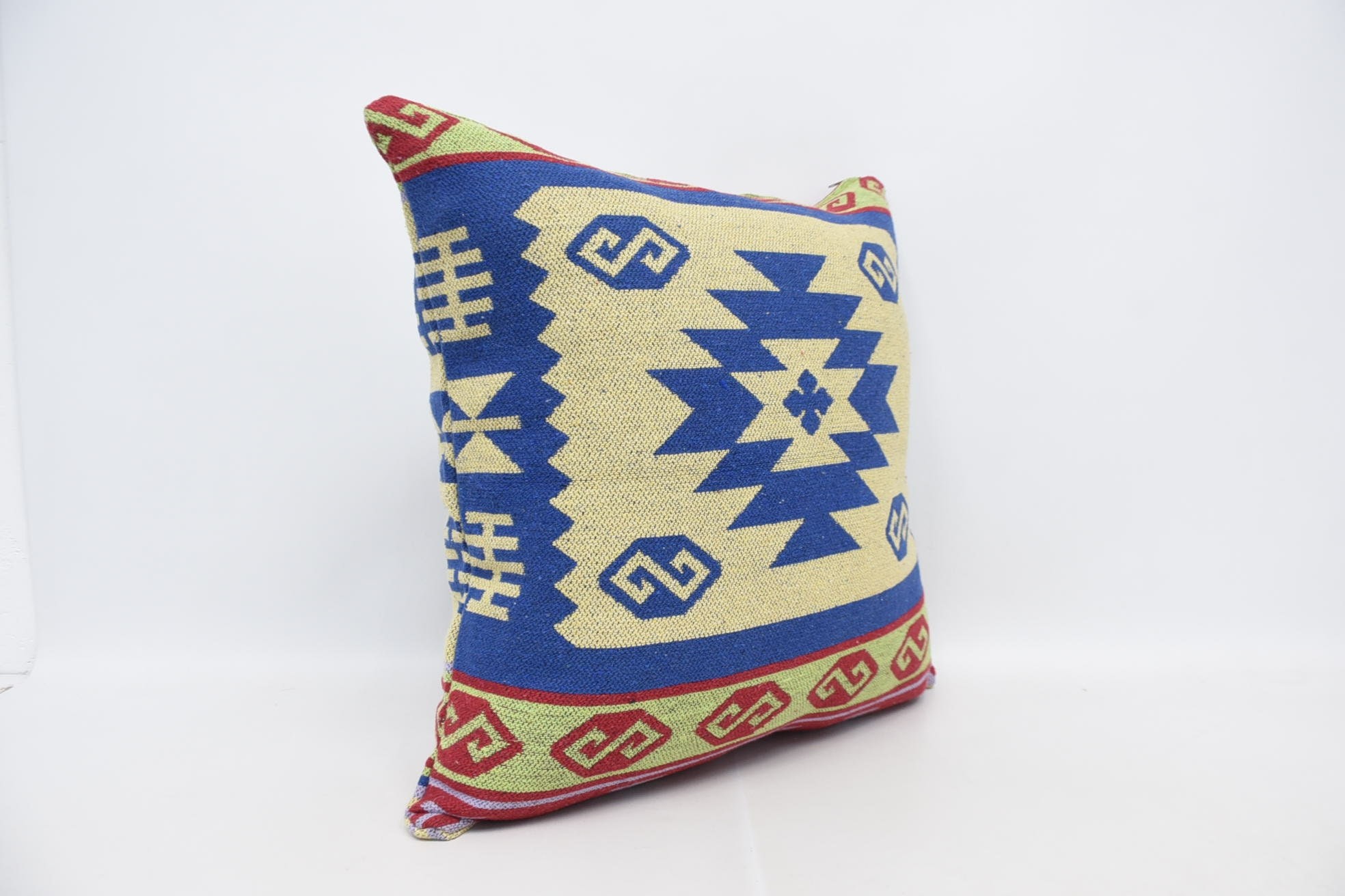 Ethnical Kilim Rug Pillow, Vintage Kilim Pillow, Garden Cushion Case, 28"x28" Blue Pillow Cover, Kilim Pillow, Floor Pillow Case