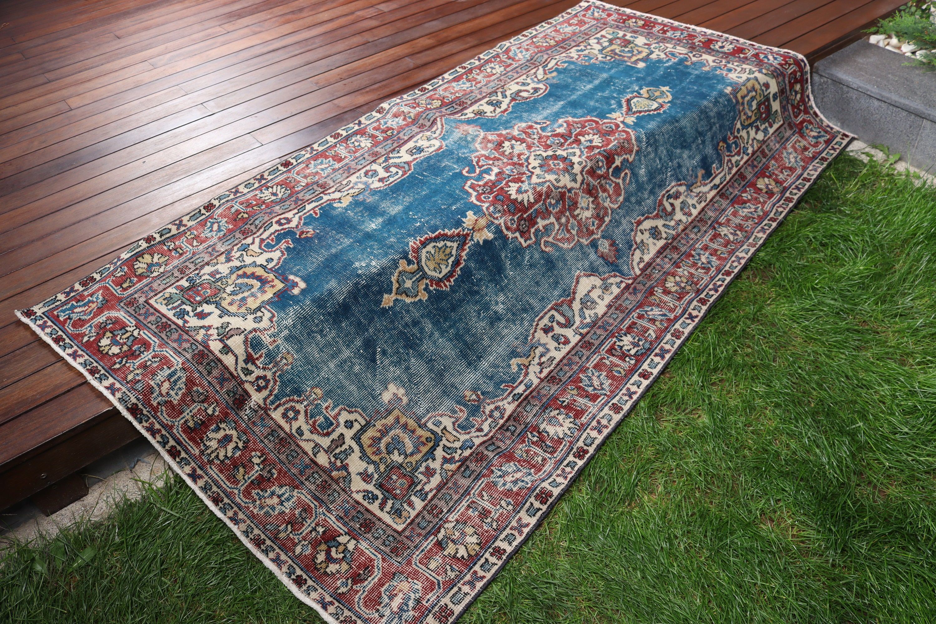 Turkish Rug, Rugs for Bedroom, Kitchen Rugs, Vintage Rugs, 3.8x6.7 ft Area Rugs, Boho Area Rugs, Oushak Rug, Blue Home Decor Rug, Floor Rug