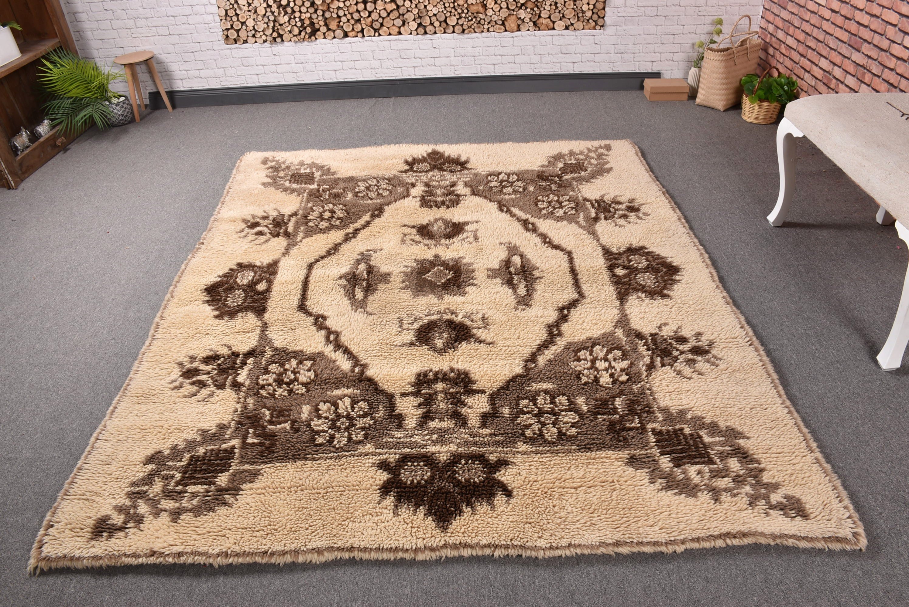 Türk Halıları, Vintage Halılar, 5.8x6.9 ft Büyük Halılar, Salon Halısı, Ev Dekor Halısı, Bej Ev Dekor Halısı, Büyük Vintage Halı, Düz Dokuma Halı