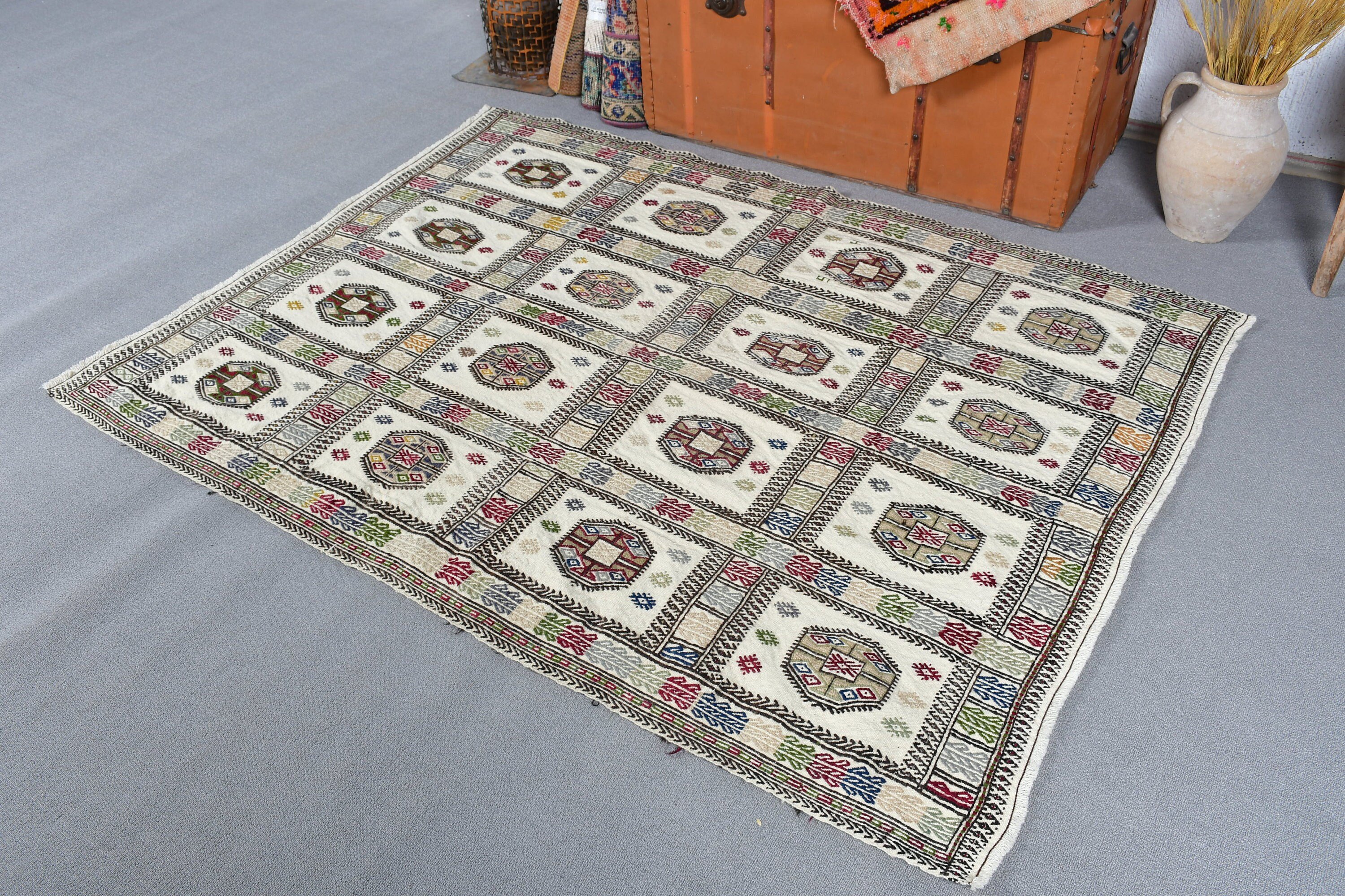 Rugs for Area, White Oriental Rug, Handwoven Rug, Bedroom Rug, Anatolian Rugs, 4.3x5.6 ft Area Rugs, Vintage Rug, Turkish Rug, Kitchen Rug