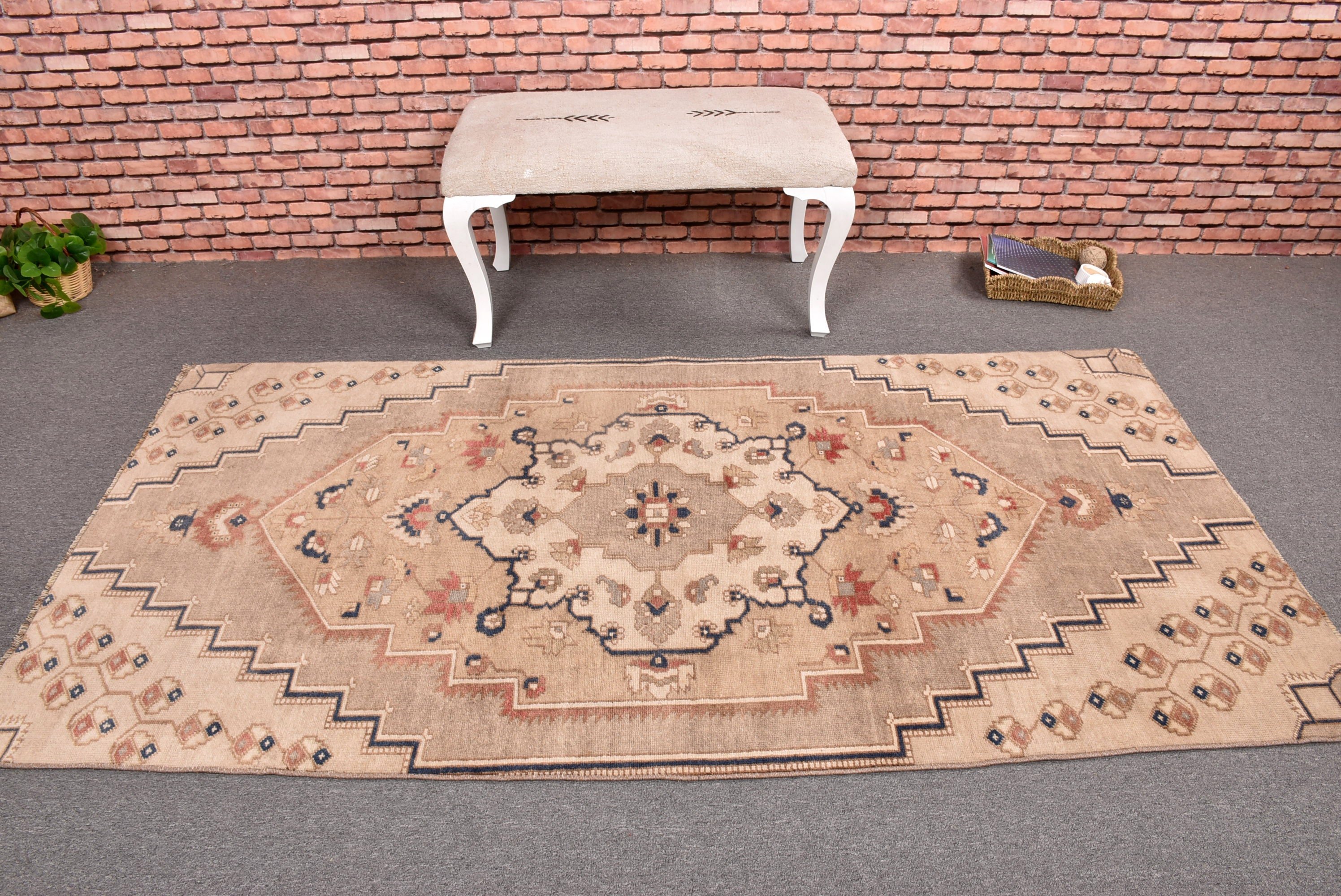 Bej 3,8x7,5 ft Alan Kilimi, Açıklama Kilimi, Oushak Alan Kilimi, Yemek Odası Halısı, Türk Halısı, Mutfak Halıları, Vintage Halı, Boho Halı