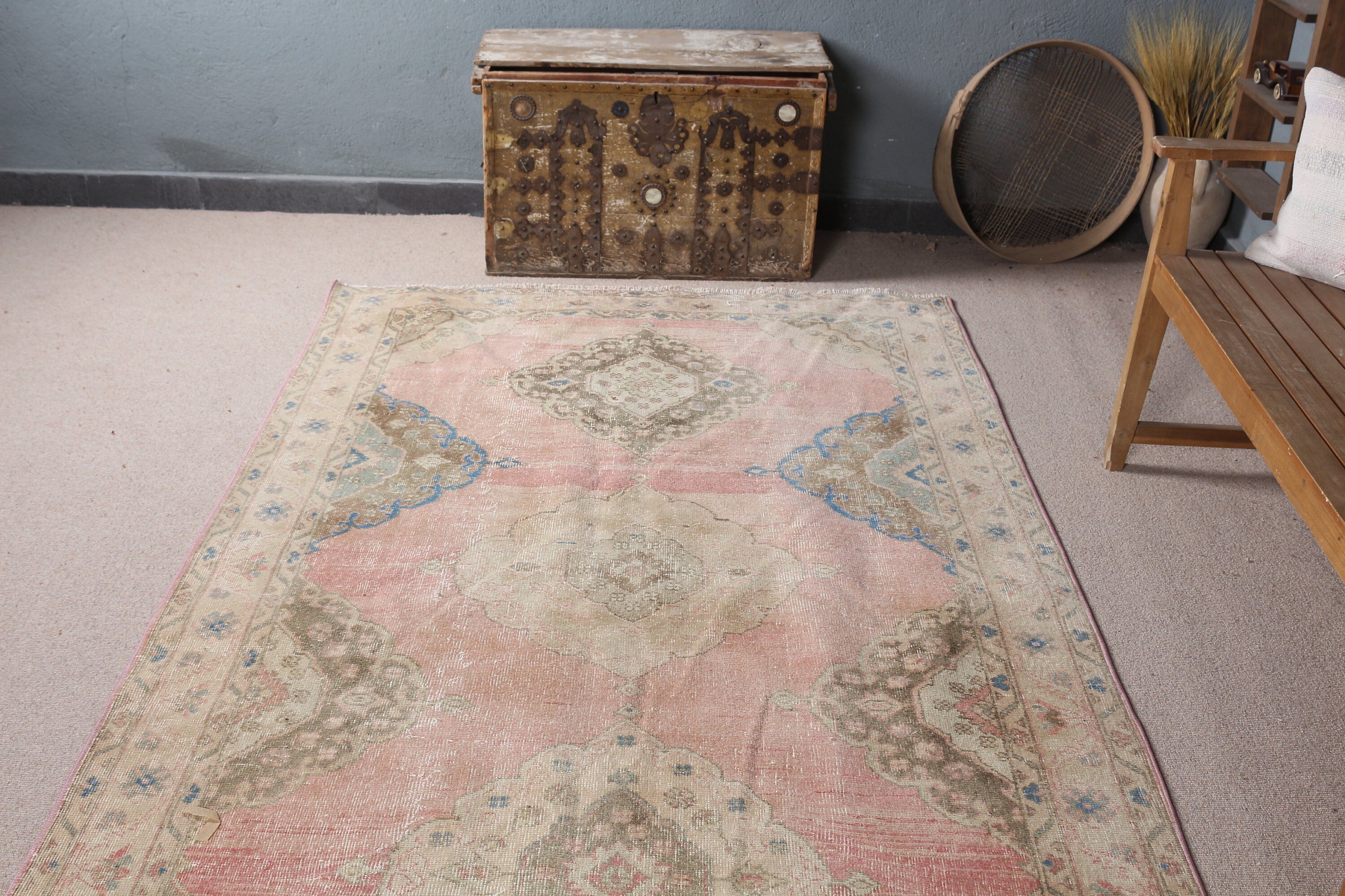 4.9x12.7 ft Runner Rug, Pink Moroccan Rugs, Vintage Rug, Pastel Rug, Turkish Rug, Bedroom Rug, Hallway Rug, Rugs for Hallway