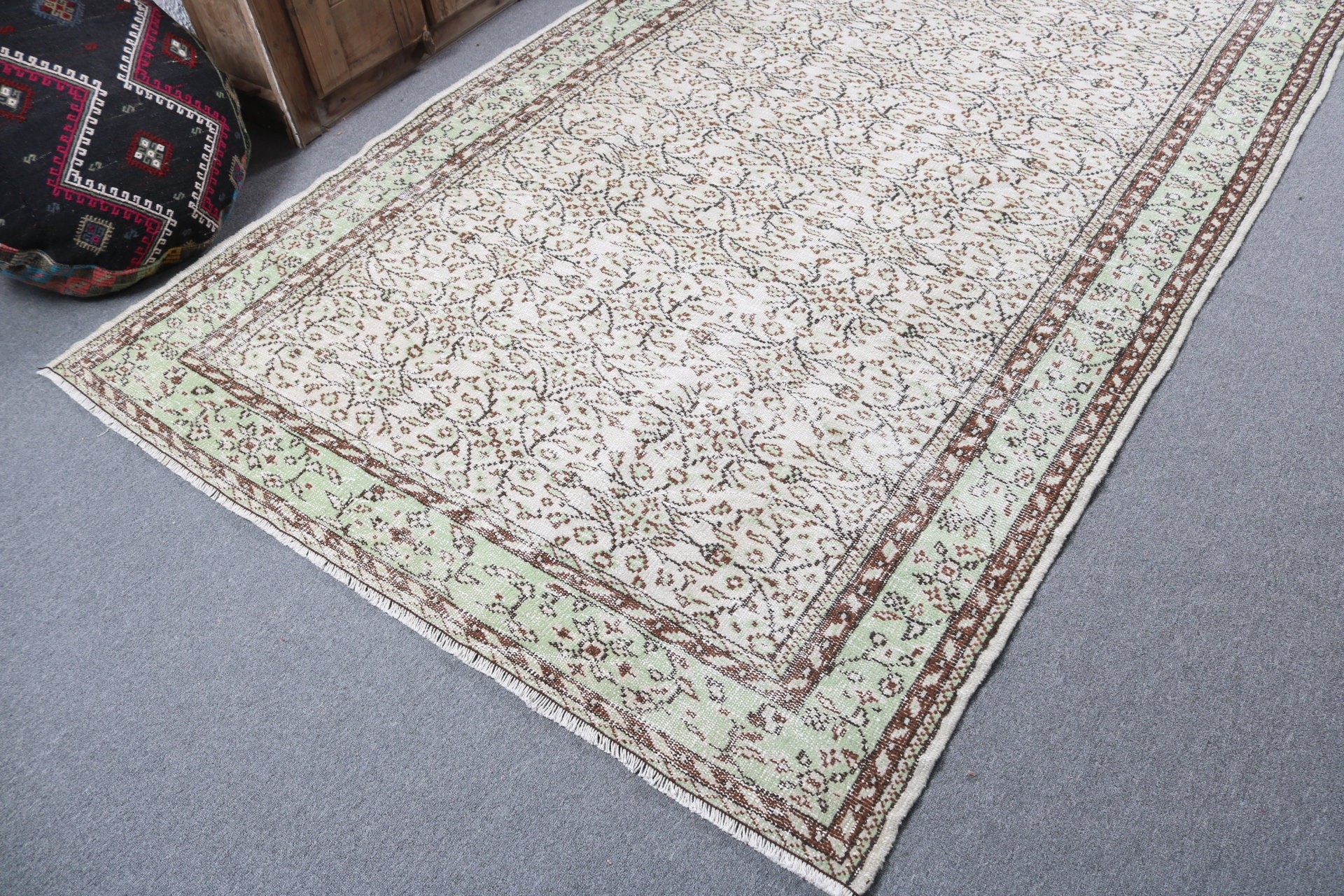 Yeşil Boho Halılar, Büyük Oushak Halılar, 5.7x9.6 ft Büyük Halılar, Türk Halıları, Oushak Halılar, El Dokuma Halı, Vintage Halılar, Büyük Boho Halılar