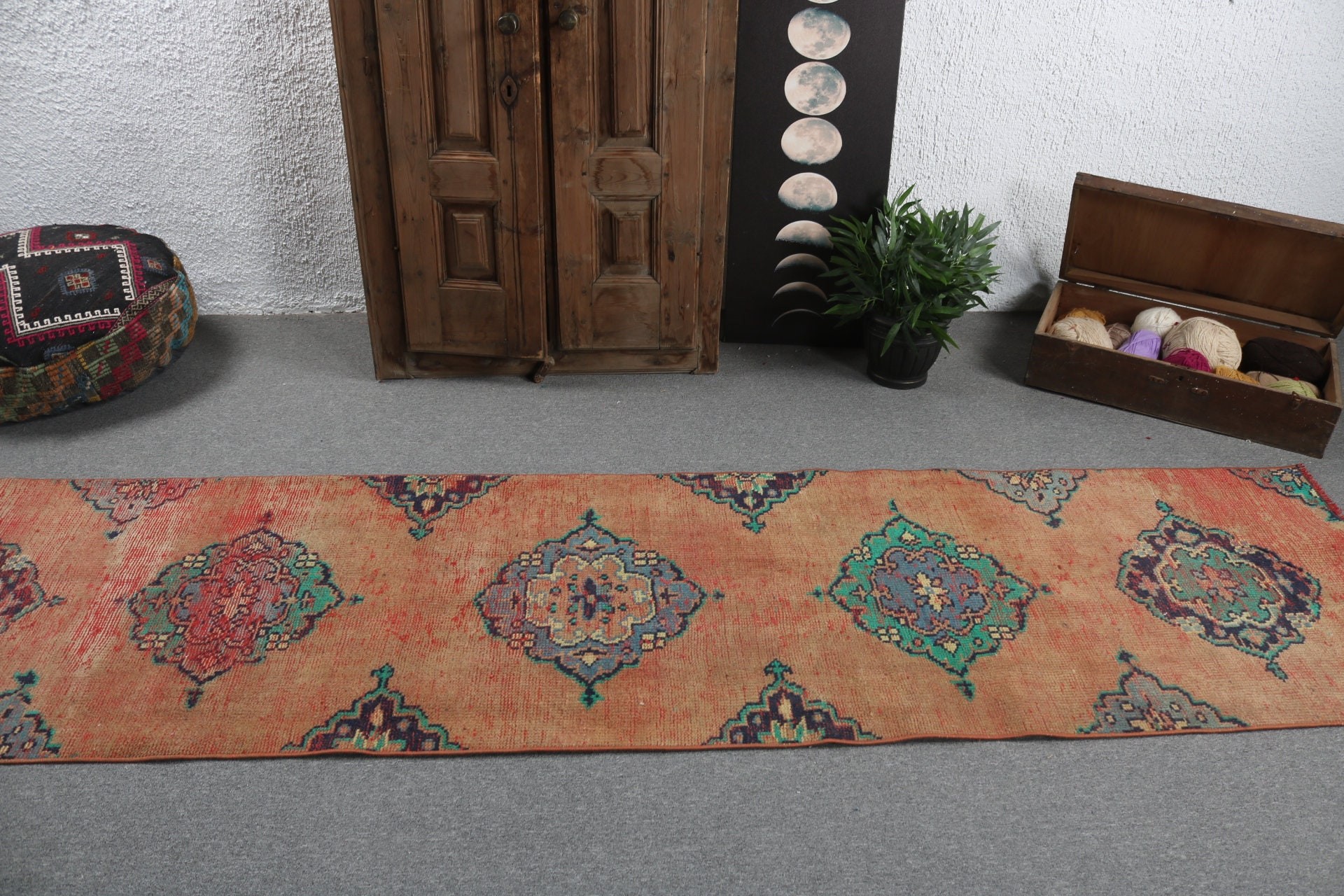 Orange Neutral Rug, Bedroom Rug, Ethnic Rugs, Stair Rugs, Hallway Rug, Turkish Rugs, 2.7x10.6 ft Runner Rugs, Vintage Rug, Kitchen Rug