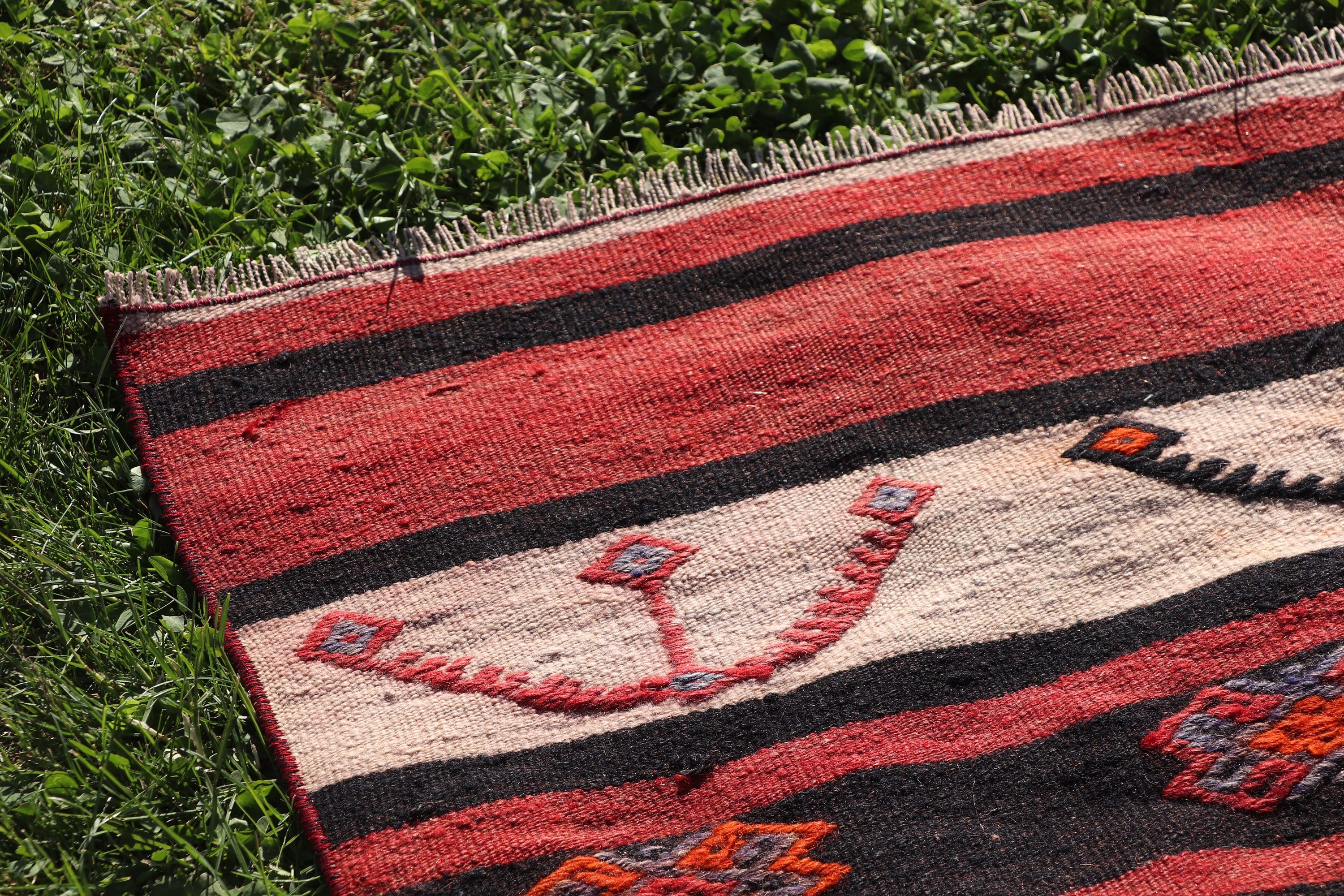 Bedroom Rugs, Turkish Rug, Modern Rug, Indoor Rugs, Vintage Rug, Red Moroccan Rugs, Flatweave Rugs, 3.2x7.6 ft Area Rugs, Geometric Rug