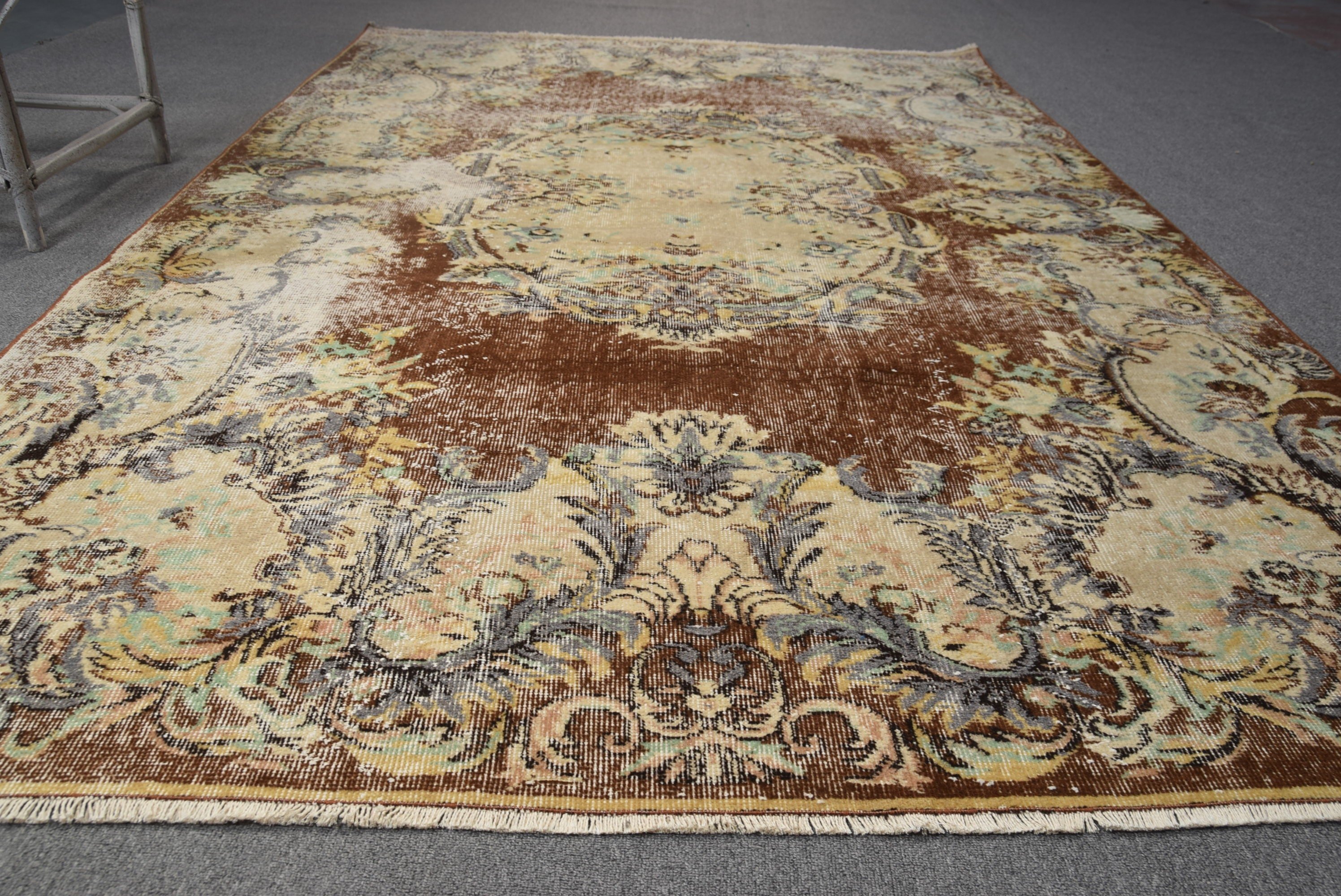 Oushak Halısı, Türk Halısı, 6x9.4 ft Büyük Halı, Oturma Odası Halısı, Salon Halıları, Vintage Halılar, Bej Soğuk Halı, Yemek Odası Halıları, Fas Halısı