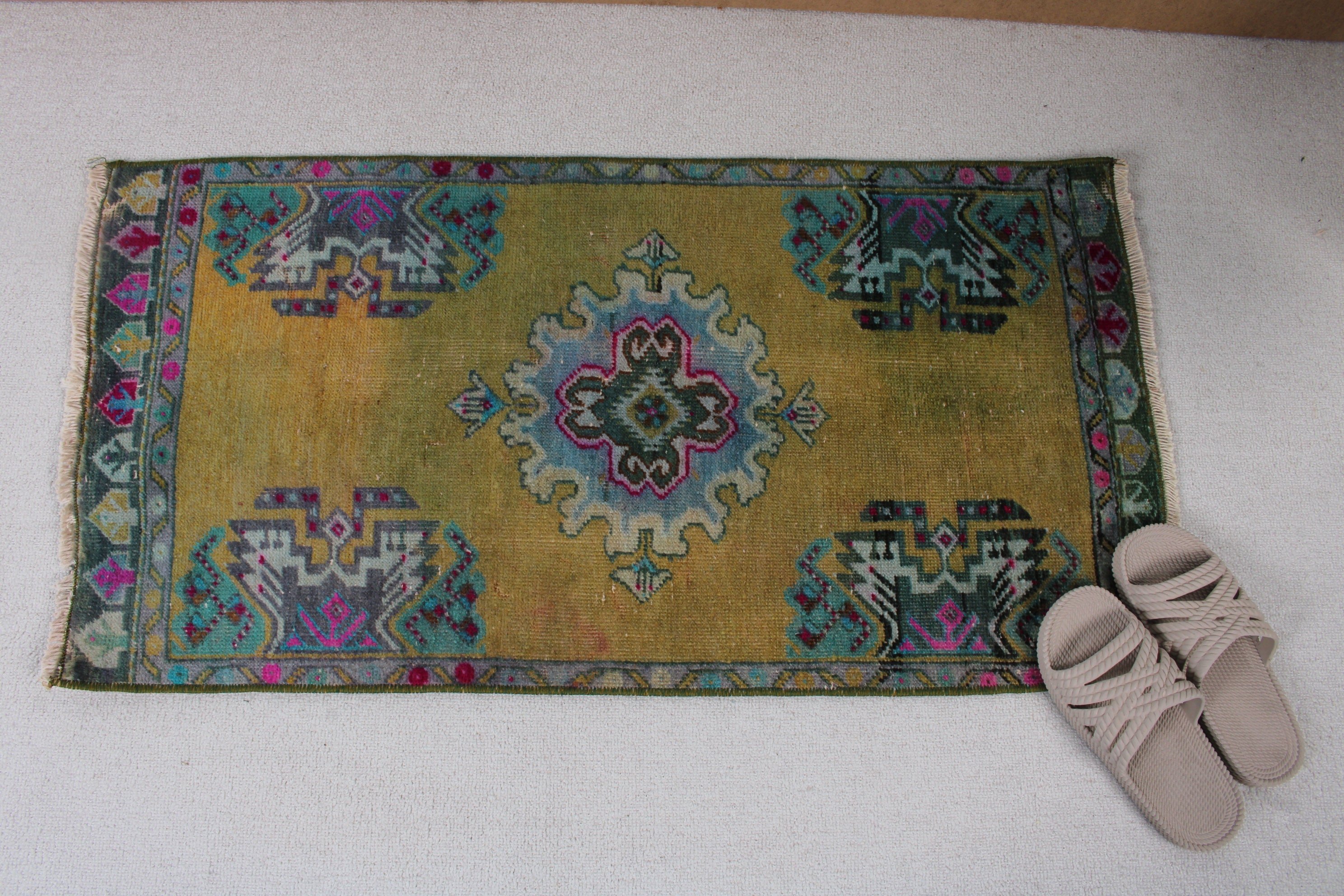 Ev Dekorasyonu Halısı, Vintage Halılar, 1.6x3.2 ft Küçük Halılar, Mutfak Halıları, Türk Halısı, Küçük Boho Halısı, Etnik Halı, Düz Dokuma Halı, Yeşil Oushak Halı