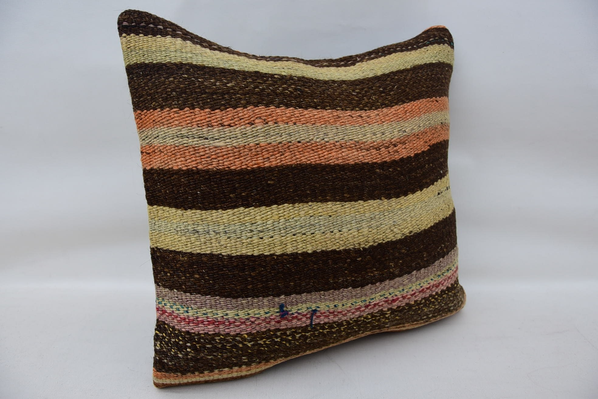 Handwoven Pillow Cover Cushion Case, Handmade Kilim Cushion, 16"x16" Brown Pillow Sham, Throw Kilim Pillow, Turkish Kilim Pillow