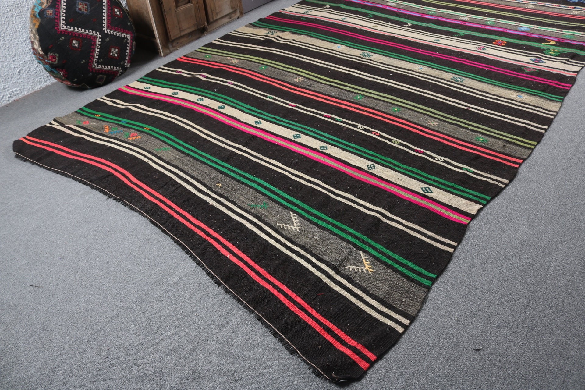 Bedroom Rug, Saloon Rugs, 7.3x12 ft Oversize Rug, Vintage Rug, Kilim, Black Antique Rug, Oversize Turkish Rug, Oriental Rug, Turkish Rugs