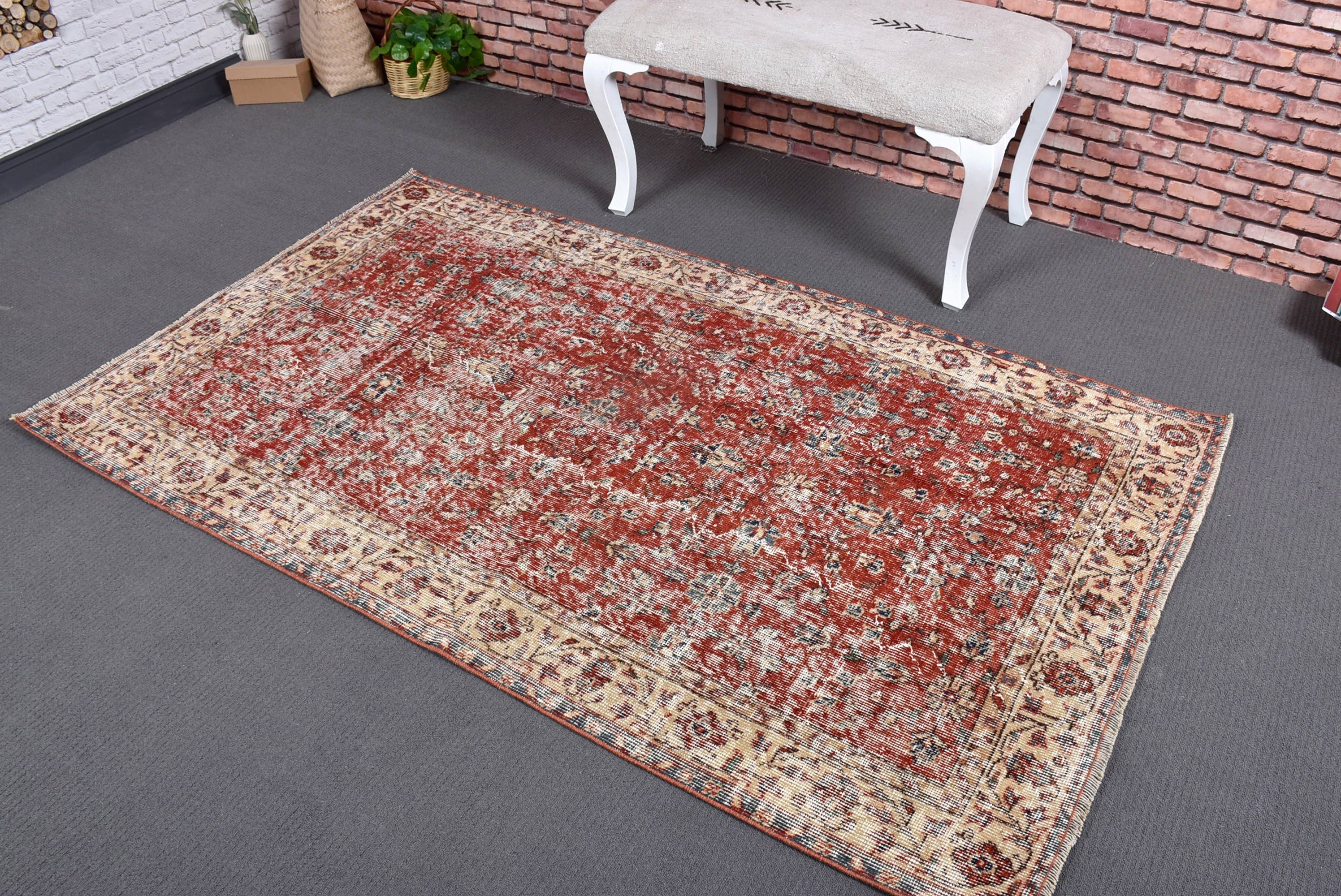 Mutfak Halısı, Vintage Halılar, Geometrik Halı, Türk Halısı, Boho Vurgulu Halı, Kırmızı 3,7x6,4 ft Vurgulu Halılar, Nötr Halı, Ofis Halısı