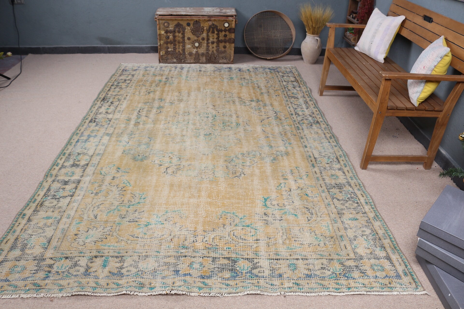 Salon Halıları, 6.2x9.7 ft Büyük Halı, Yatak Odası Halıları, Yün Halı, Oturma Odası Halıları, Türk Halısı, Turuncu Yün Halı, Vintage Halı