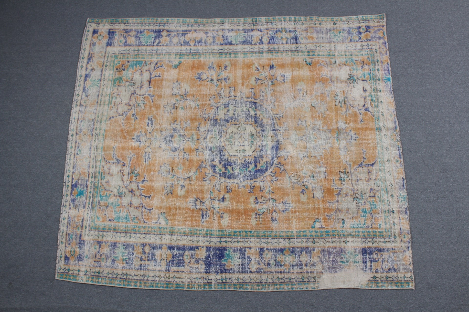 Vintage Halı, Yatak Odası Halısı, Eski Halılar, Yer Halısı, 6.4x7.5 ft Büyük Halı, Turuncu Oushak Halıları, Anadolu Halısı, Türk Halısı, Yemek Odası Halıları