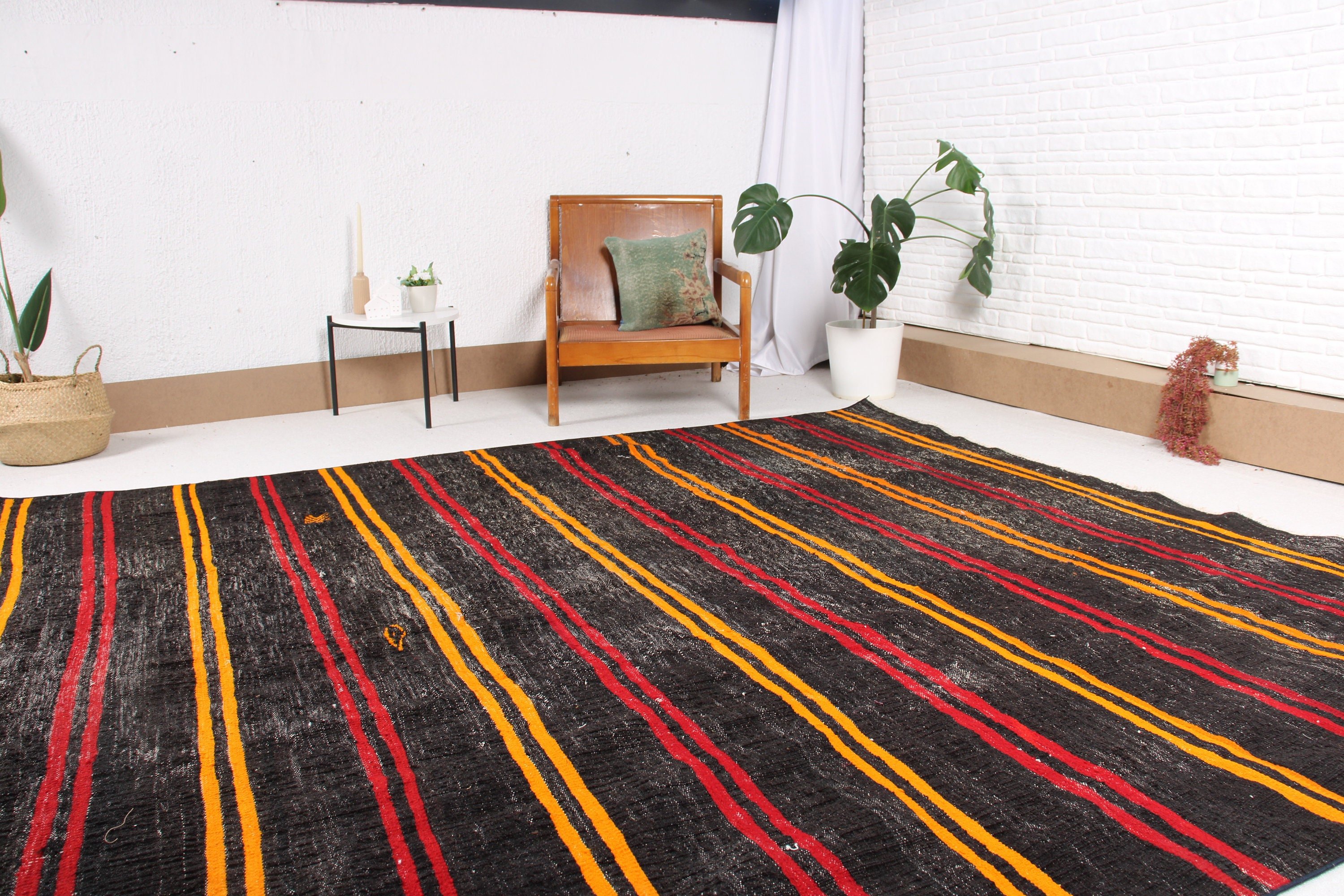 Siyah Geometrik Halı, Salon Halıları, Vintage Halı, Nötr Halı, Kilim, Türkiye Halısı, Türk Halısı, Oushak Halıları, 8.6x8.9 ft Büyük Boy Halı, Salon Halısı