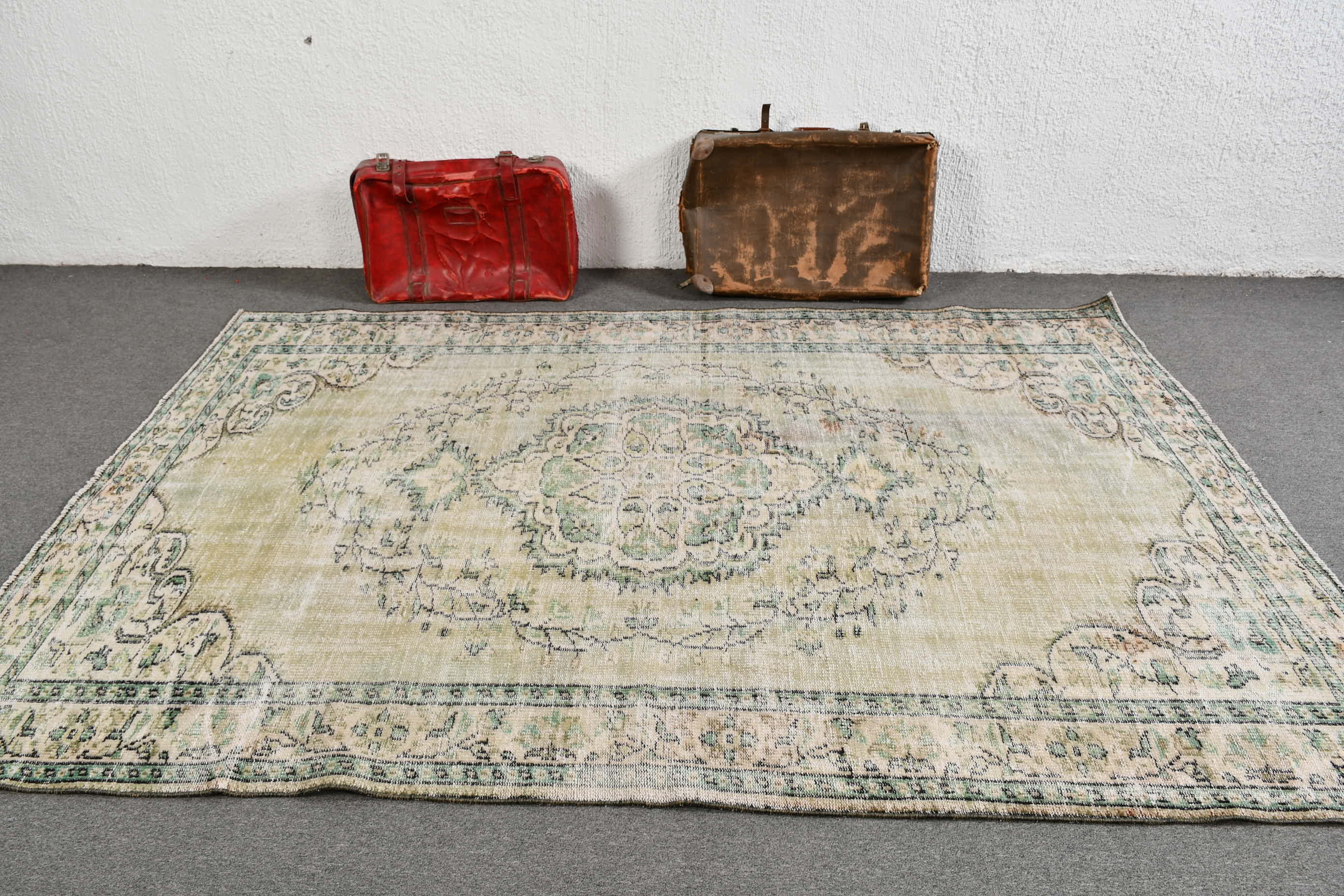 Vintage Halılar, Etnik Halı, Türk Halısı, Yün Halı, Yeşil 5.8x8.7 ft Büyük Halılar, Yatak Odası Halısı, Yatak Odası Halıları, Oturma Odası Halısı