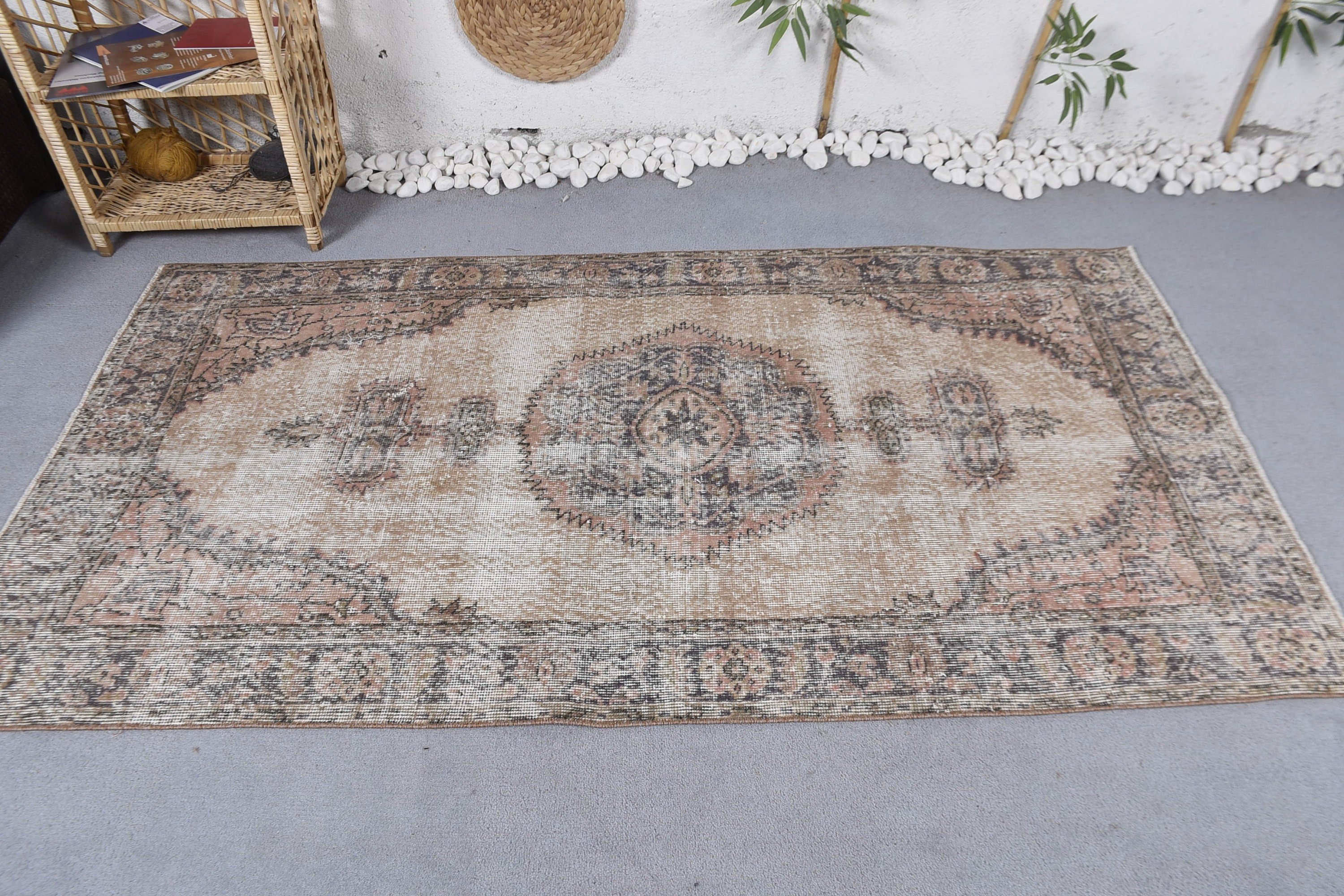 Antique Rug, Boho Area Rugs, Oushak Area Rugs, Vintage Rug, Geometric Rug, Turkish Rugs, Beige  3.6x6.8 ft Area Rug