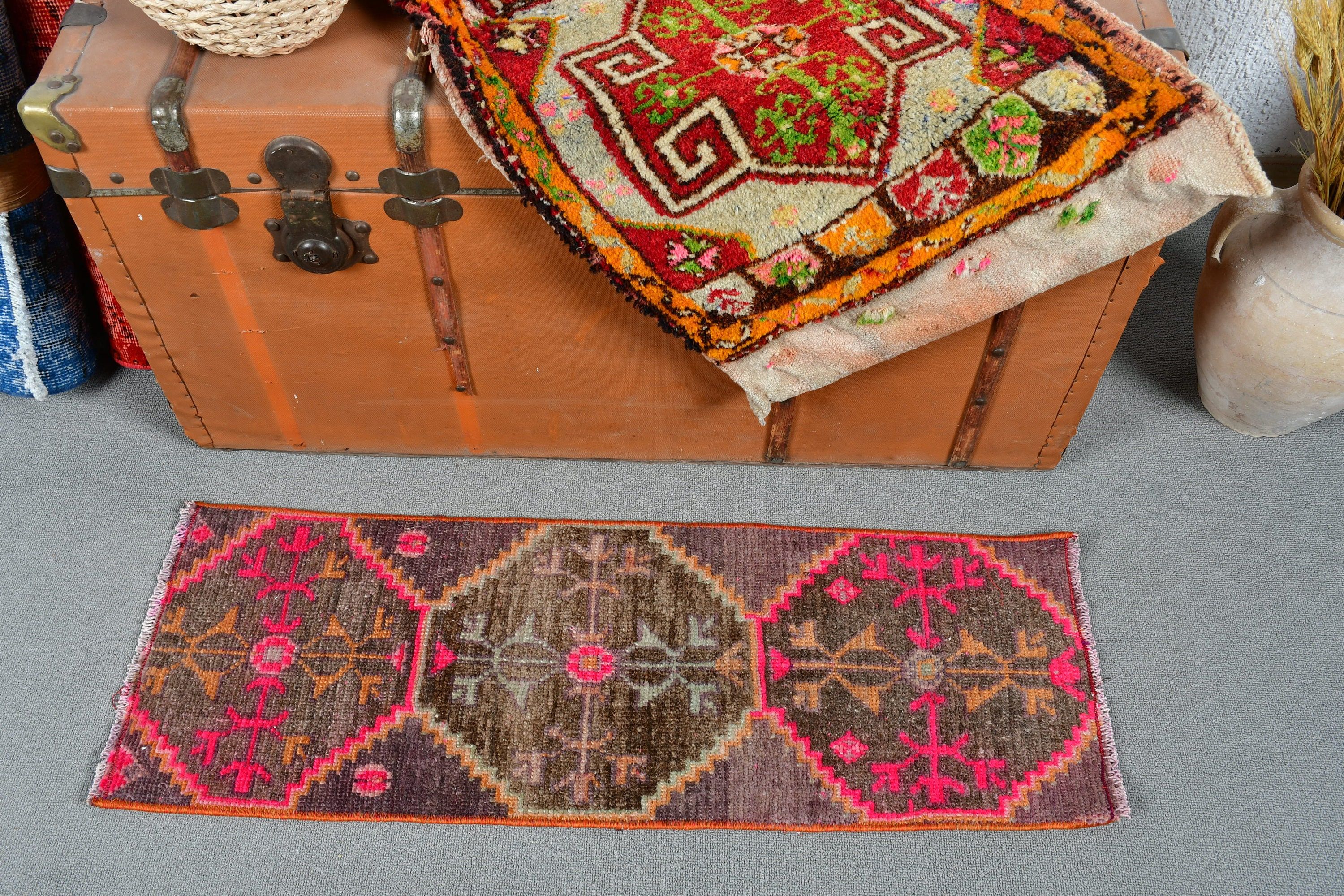 Kitchen Rug, Brown Kitchen Rug, Turkish Rug, Vintage Rugs, Bedroom Rug, Entry Rug, Rugs for Door Mat, 1.1x3.1 ft Small Rug, Oriental Rugs