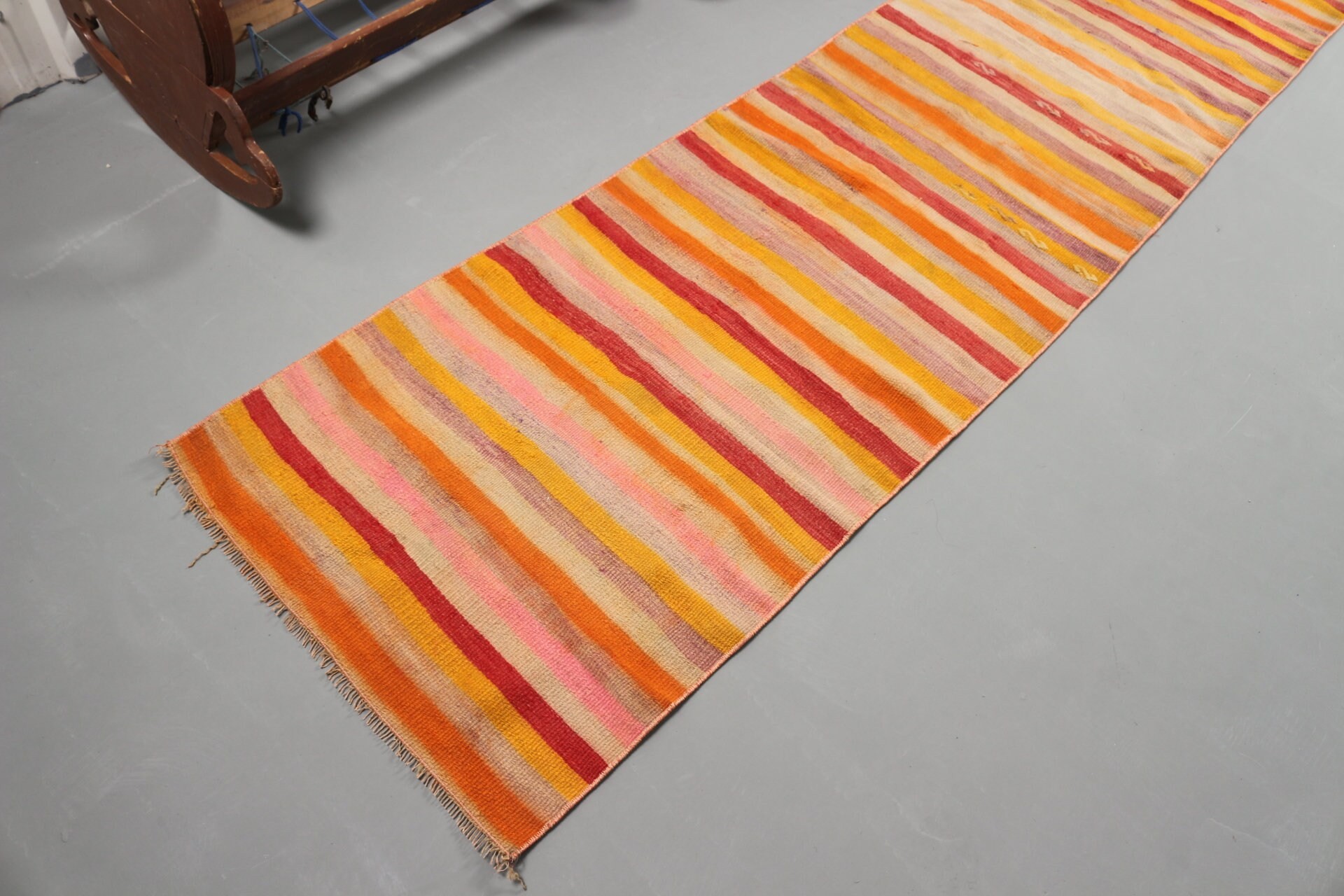 Kilim, Türk Halıları, Vintage Halılar, Mutfak Halısı, Yer Halıları, Turuncu Soğuk Halı, Koridor Halıları, 2,2x11,1 ft Yolluk Halıları