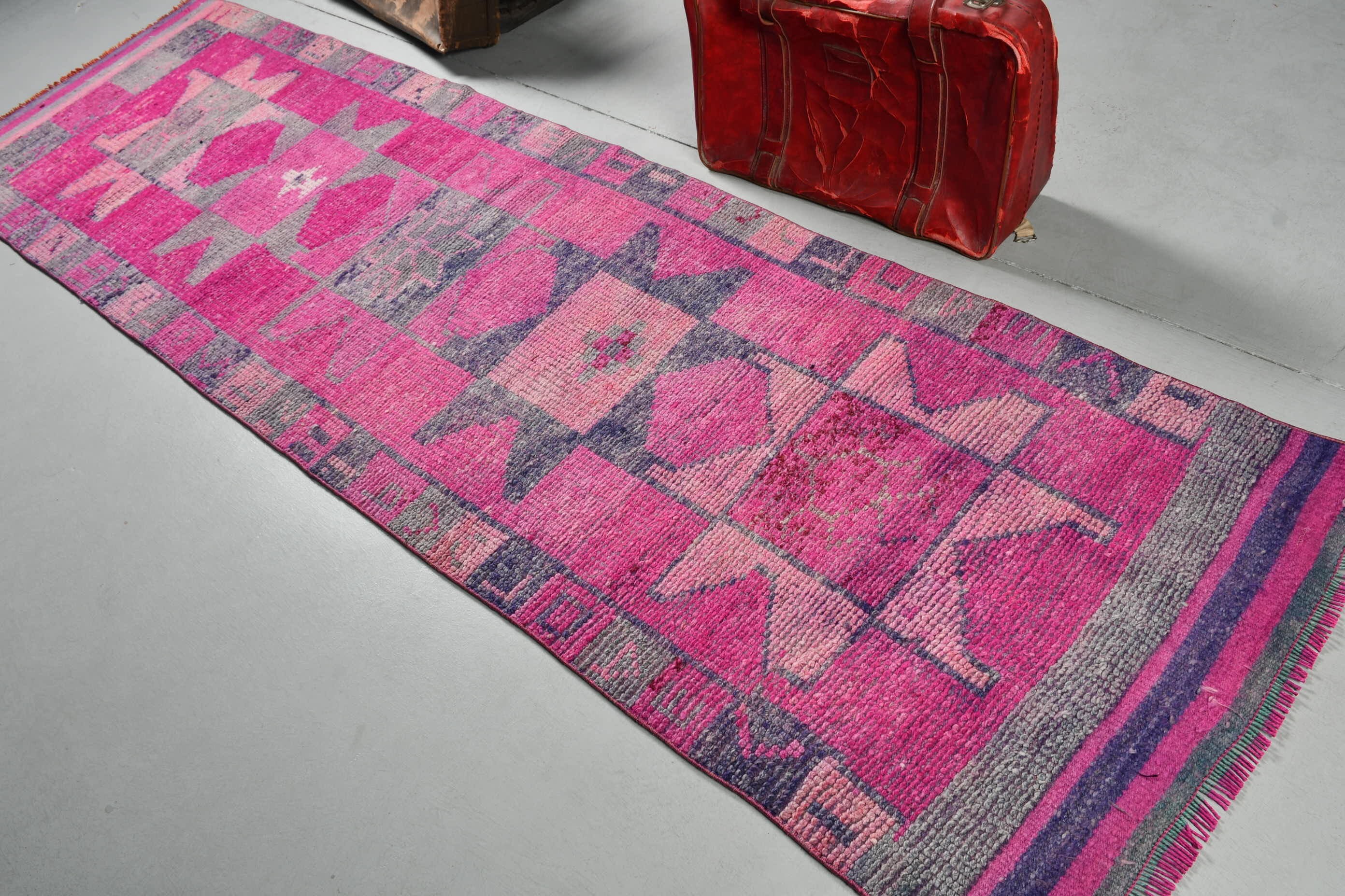 Pink Wool Rug, Turkish Rug, 2.9x10.2 ft Runner Rug, Hallway Rug, Moroccan Rug, Rugs for Kitchen, Hand Woven Rug, Vintage Rug