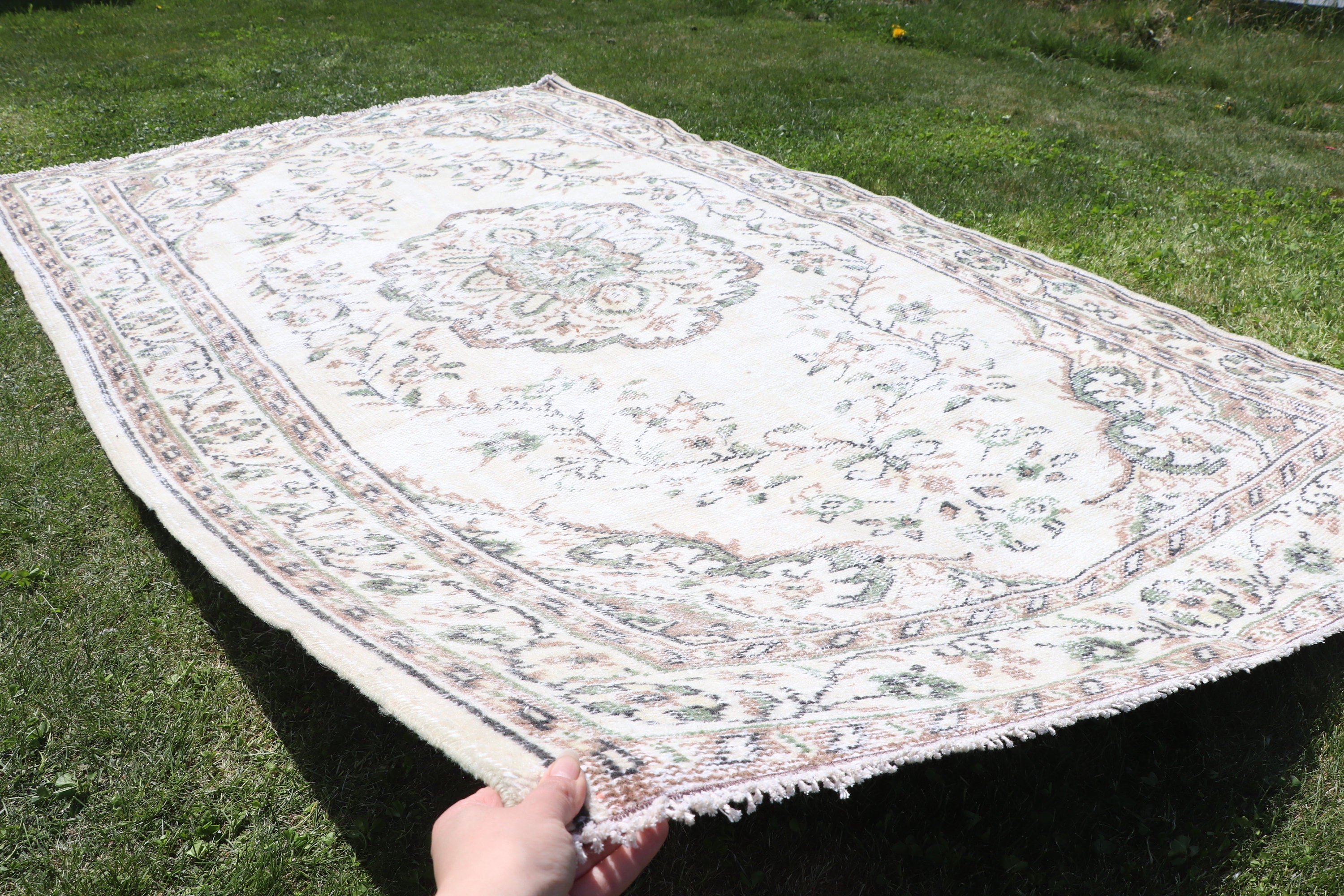 Etnik Halılar, Vintage Halı, Bej Yün Halılar, Oturma Odası Halısı, Modern Halı, 5x8,3 ft Büyük Halılar, Türk Halıları, Büyük Boho Halıları