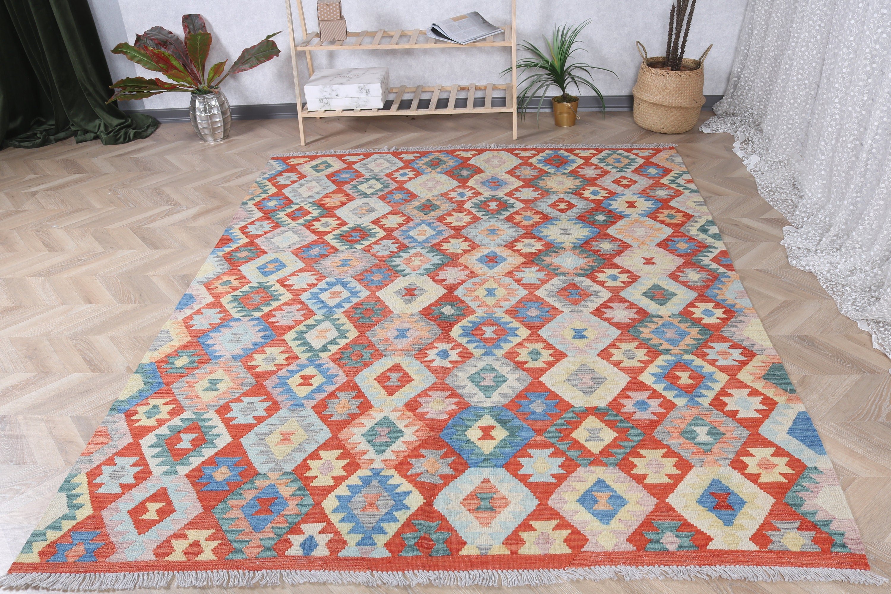 Turkish Rug, Living Room Rugs, Vintage Rug, Large Oushak Rugs, 6x7.6 ft Large Rug, Rainbow Boho Rug, Neutral Rug, Aztec Rug, Flatweave Rugs