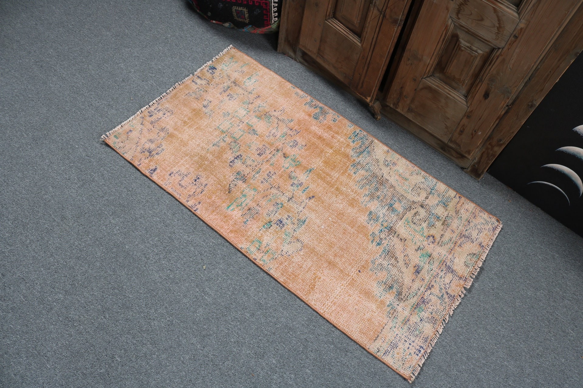 2x3,7 ft Küçük Halılar, Vintage Halılar, Mutfak Halıları, Turuncu Oushak Halısı, Sevimli Banyo Paspas Halısı, El Dokuma Halısı, Araba Paspas Halıları, Havalı Halılar, Türk Halısı