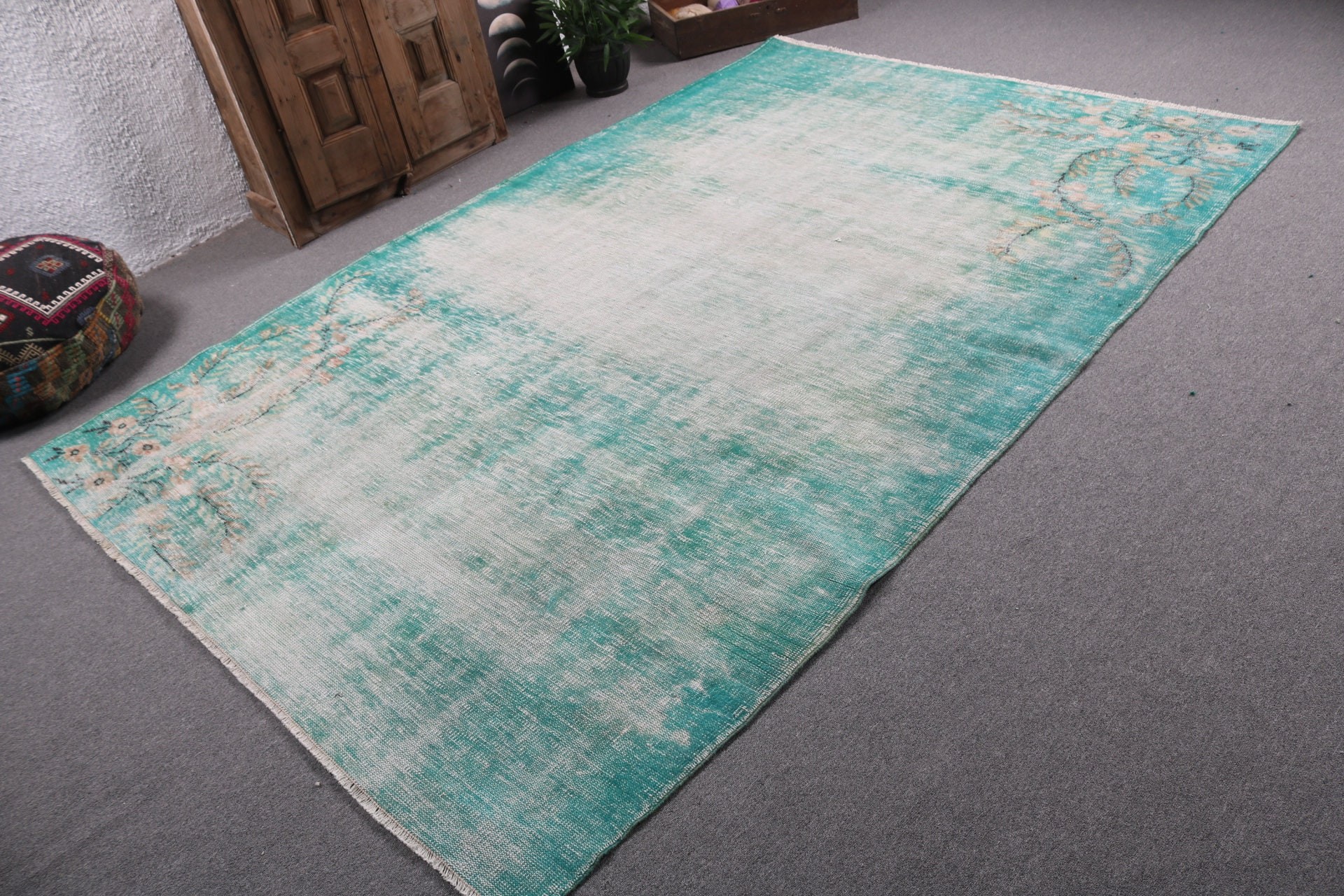 Office Rugs, Turkish Rugs, 6.4x9.4 ft Large Rugs, Vintage Rug, Wool Rug, Green Moroccan Rugs, Living Room Rug, Boho Rug, Dining Room Rug