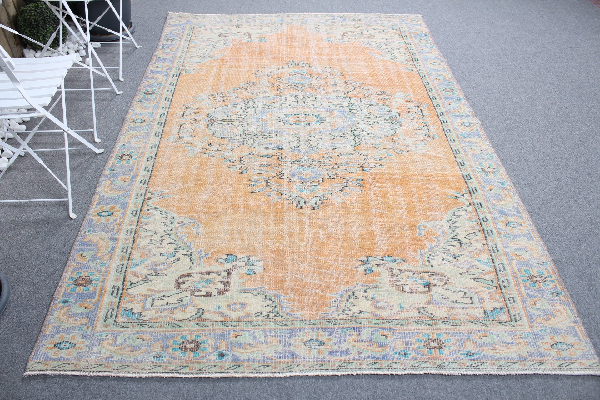 Oturma Odası Halısı, Vintage Halı, Salon Halıları, Anadolu Halısı, Turuncu 5.7x7.4 ft Büyük Halı, Parlak Halı, Türk Halıları, Havalı Halı