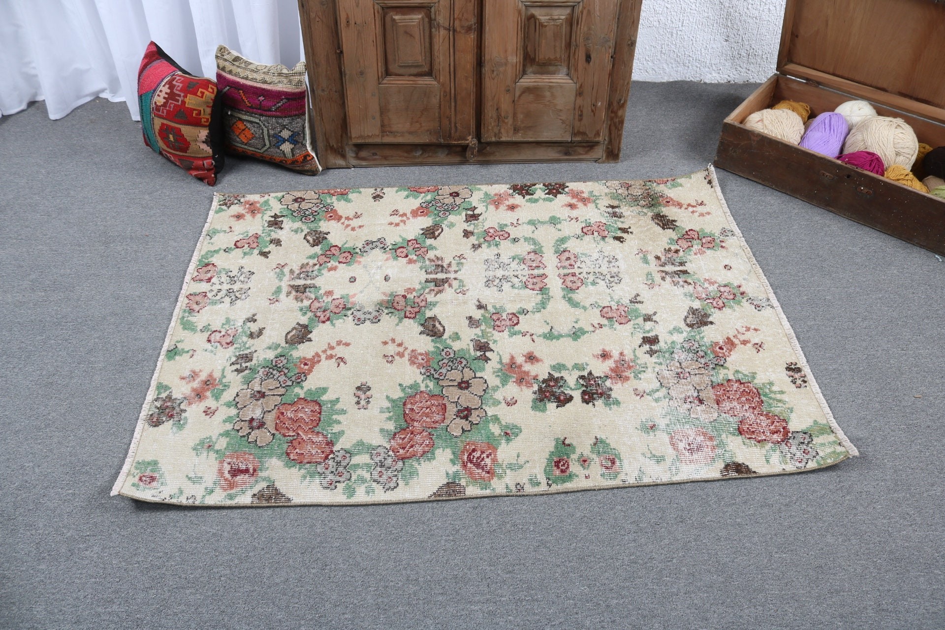 Floor Rugs, Beige Statement Rugs, Artistic Rug, Bath Rug, Vintage Rugs, 3.2x4.6 ft Small Rug, Small Area Rug, Turkish Rugs