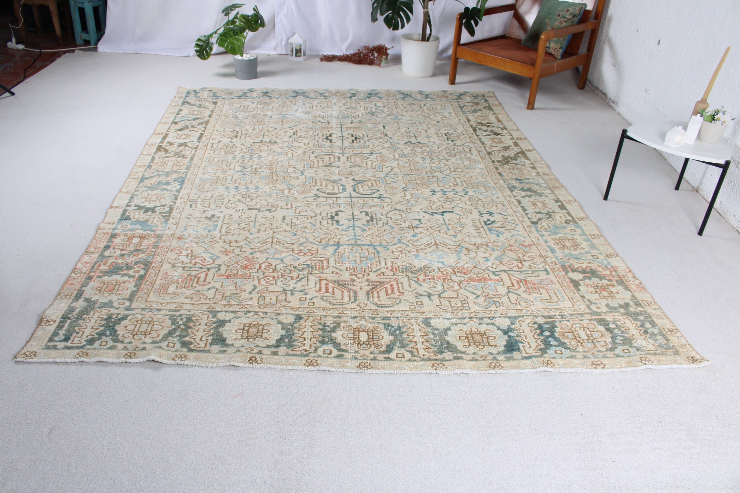 Yatak Odası Halısı, Bildiri Halısı, Vintage Halı, El Dokuma Halılar, Büyük Oushak Halıları, Bej Boho Halısı, Türk Halıları, 7x8,5 ft Büyük Halı, Boho Halıları